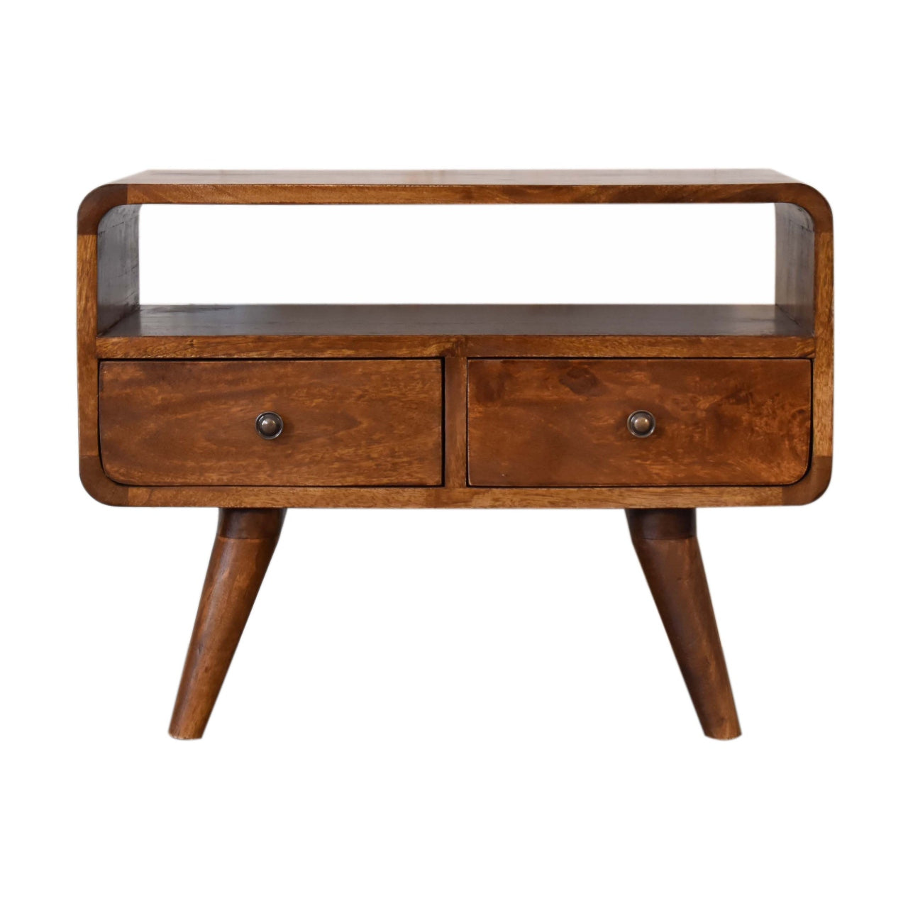 Solid Wood Mini Chestnut Curved Media Unit, 2 Drawers and Open Slot, Dark Brown