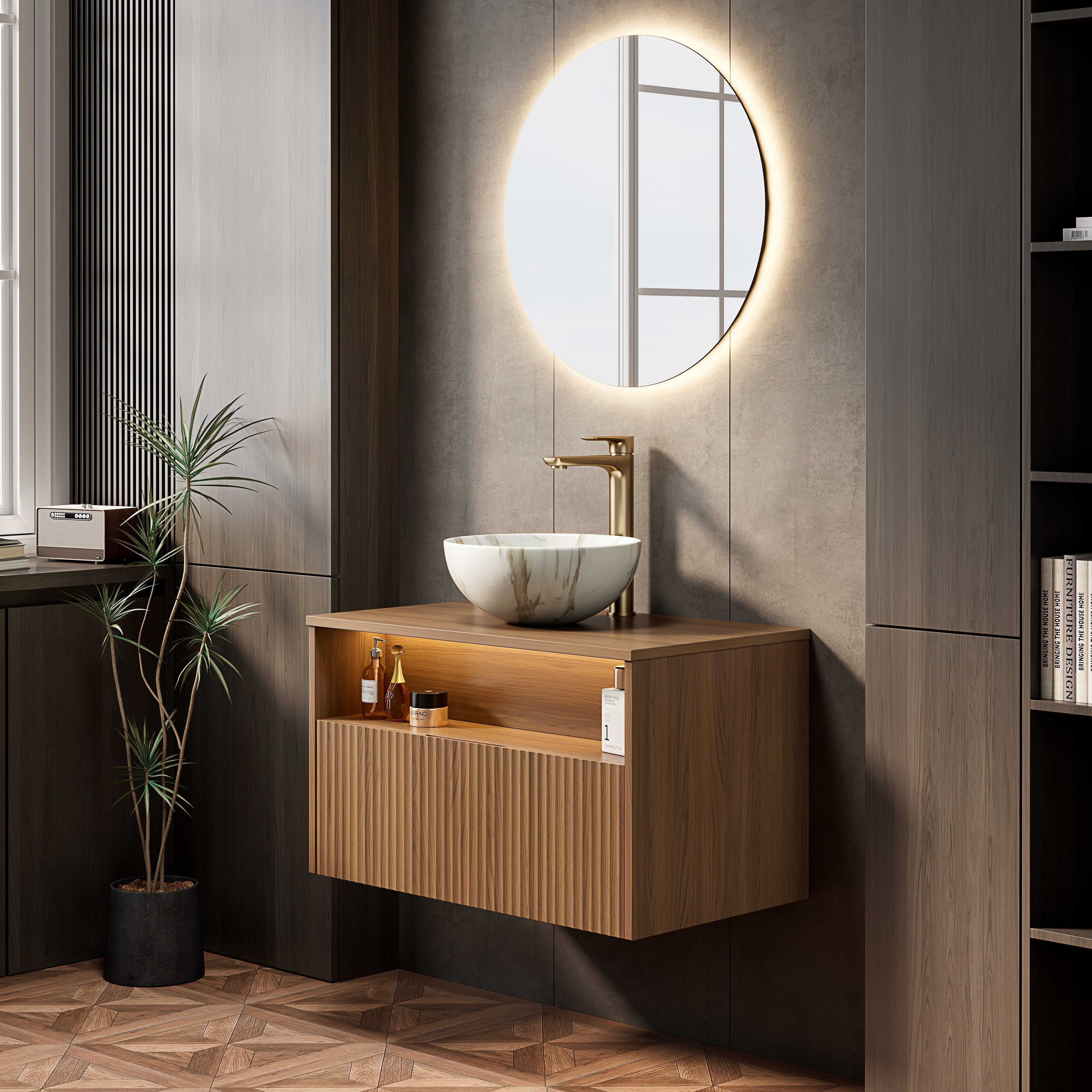 Floating Bathroom Sink with Ceramic Bowl and Sensor Light, Espresso Wood Grain
