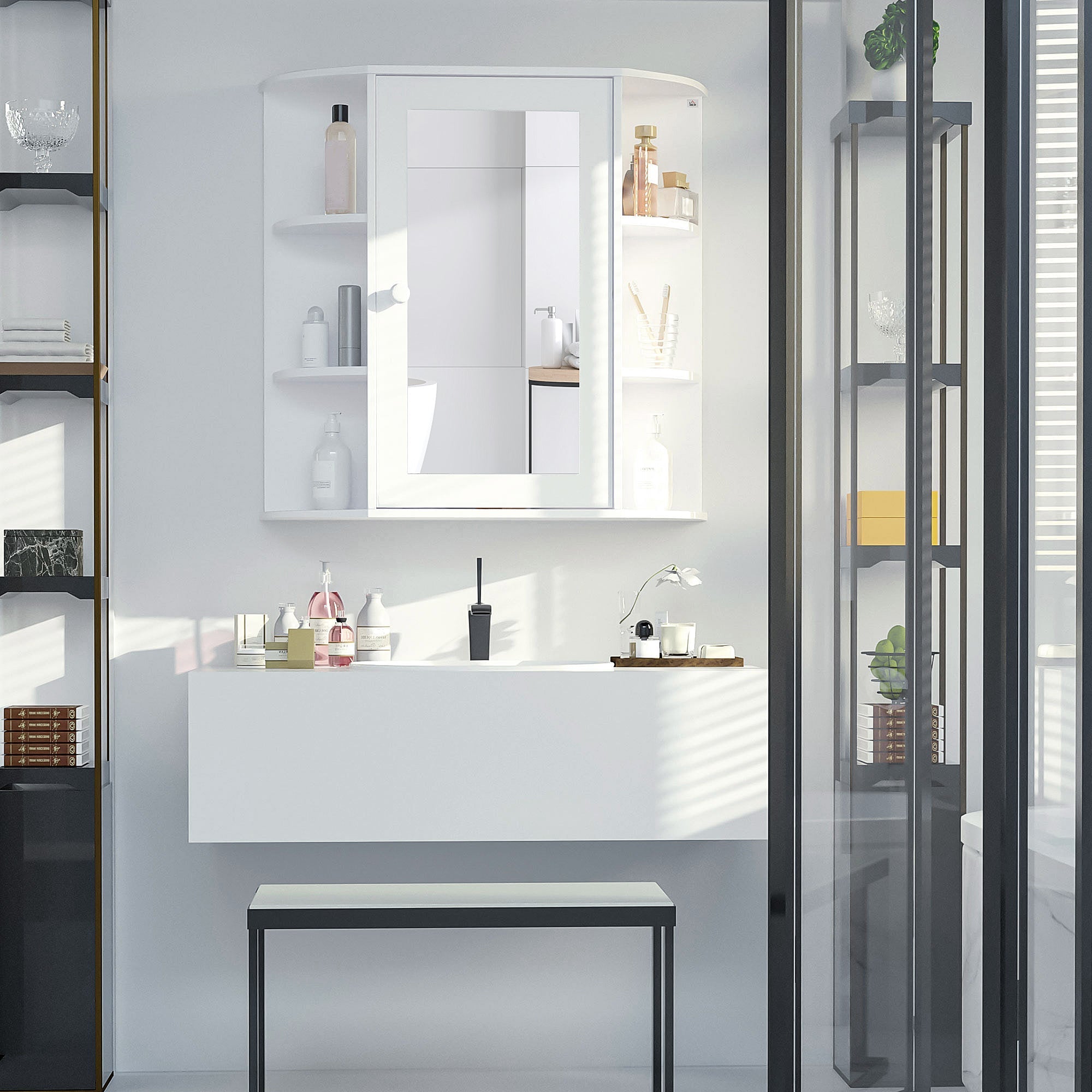 Mirror Cabinet, Wall Mounted with 8 Compartments, White