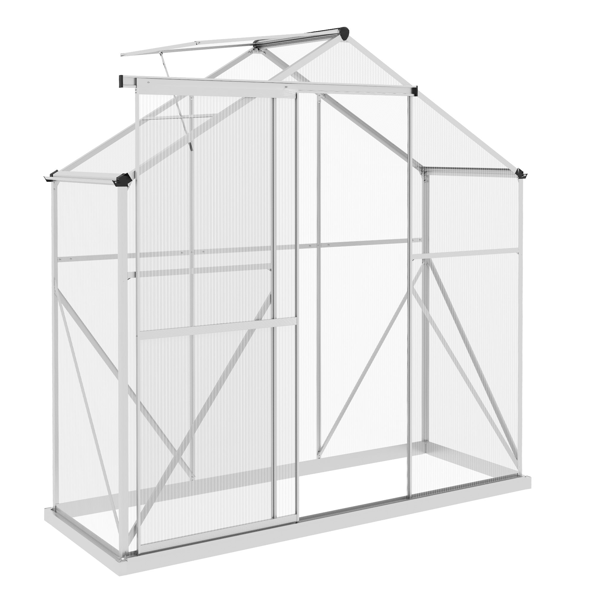 Greenhouse Walk-In with Rain Gutter Sliding Door Window Foundation, Polycarbonate Silver