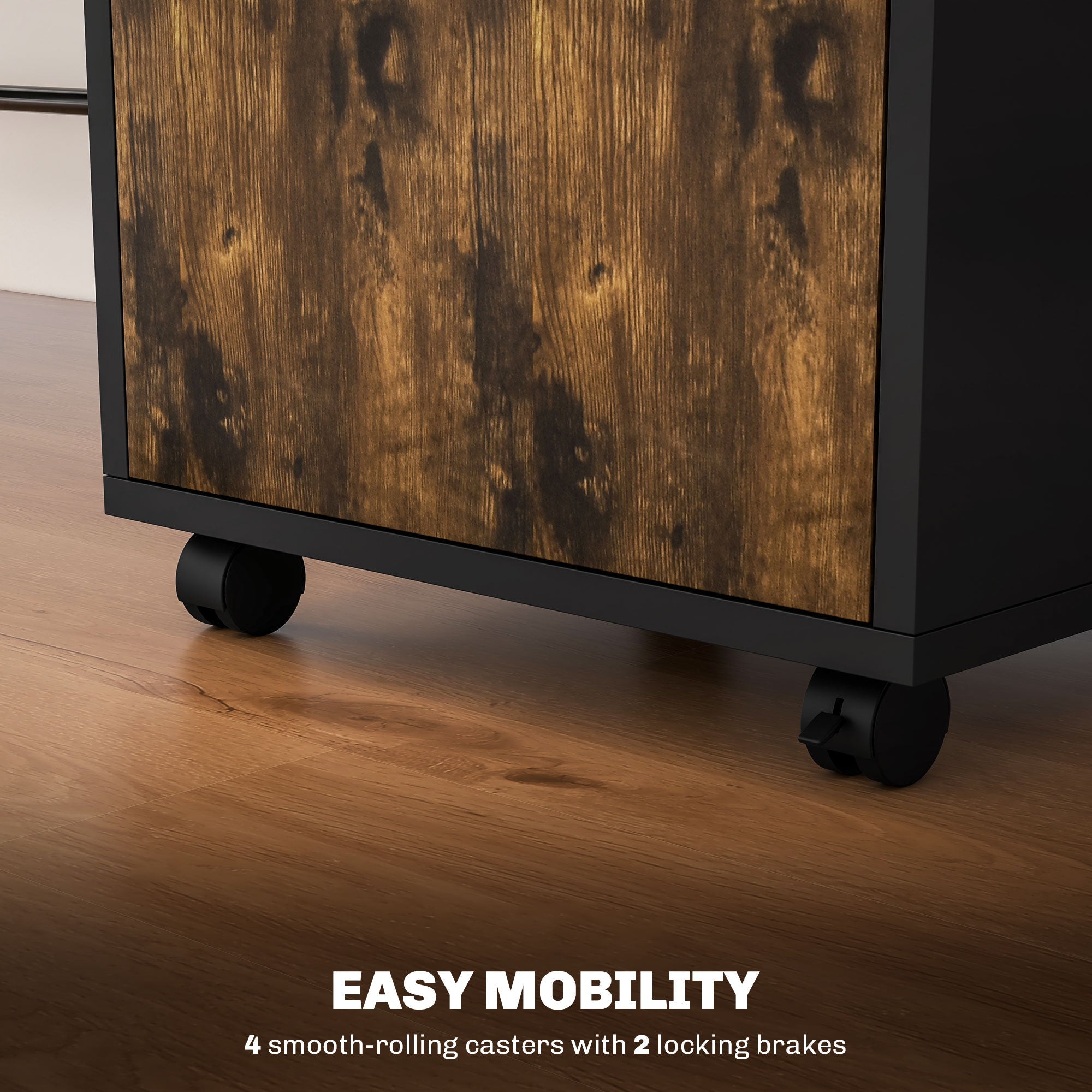 Filing Cabinet 60cm Drawer Open Shelf Mobile Wheels Rustic Brown