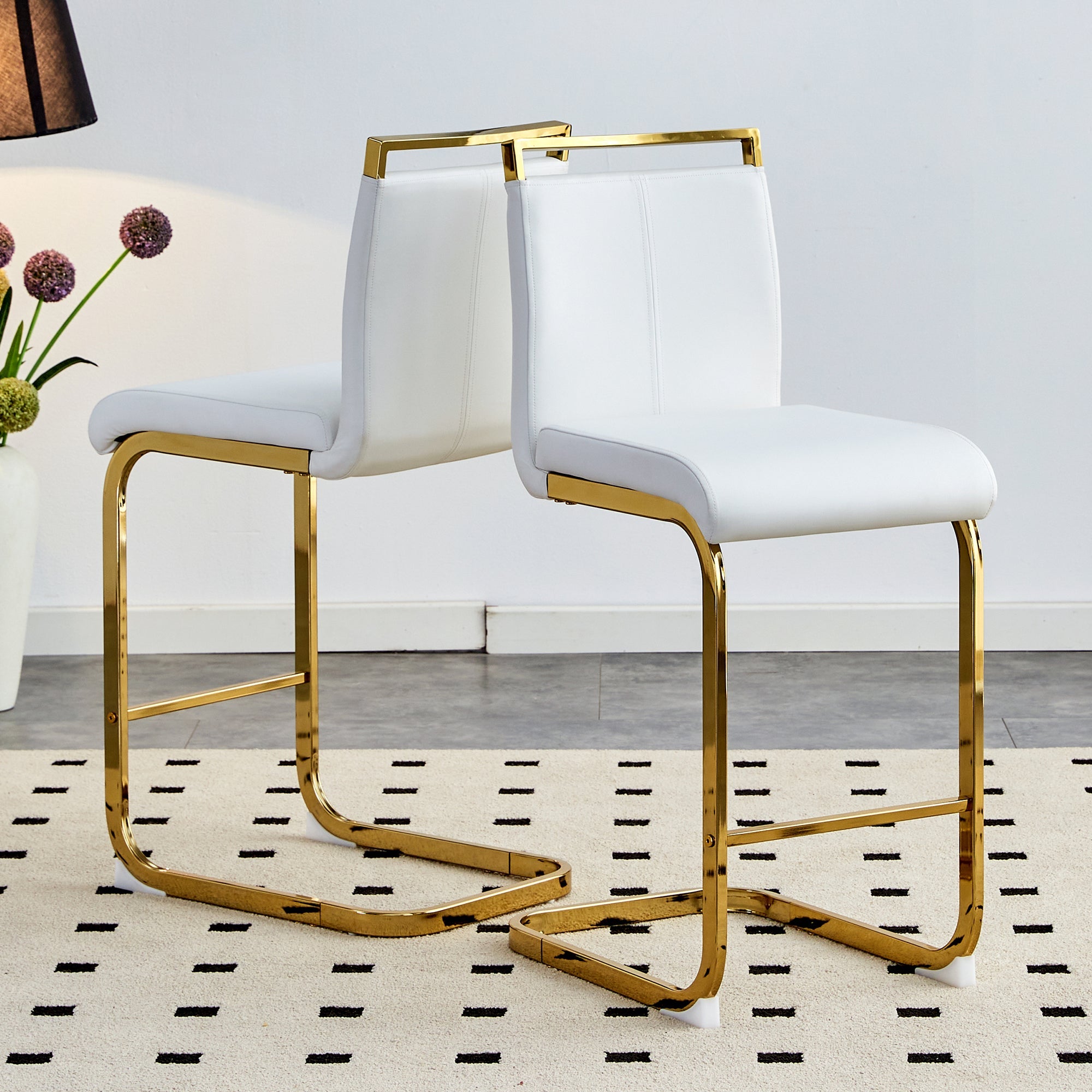 Bar Stools Set of 2 Nordic Style Gold Metal Legs - White Faux Leather