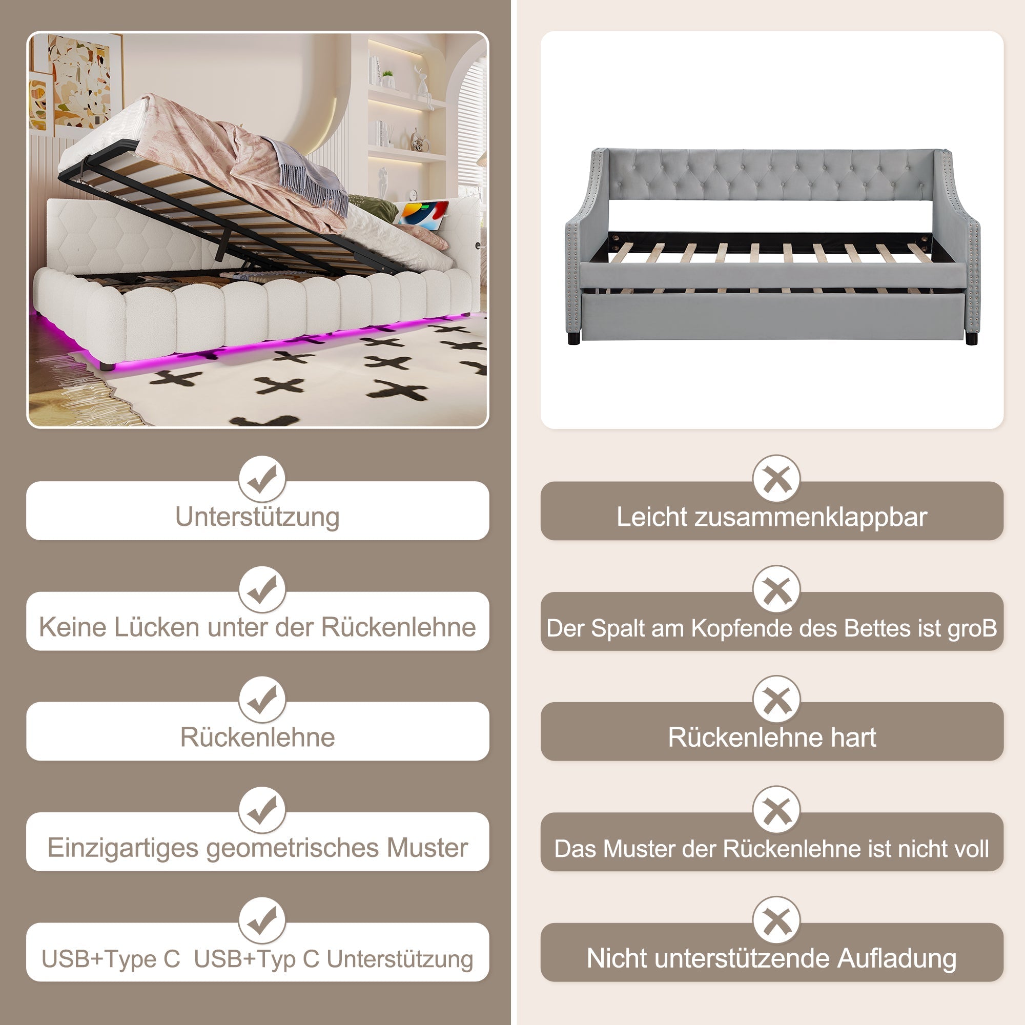 Daybed Sofa Bed 140x200cm Hydraulic Storage LED USB/Type-C Fleece Imitation White