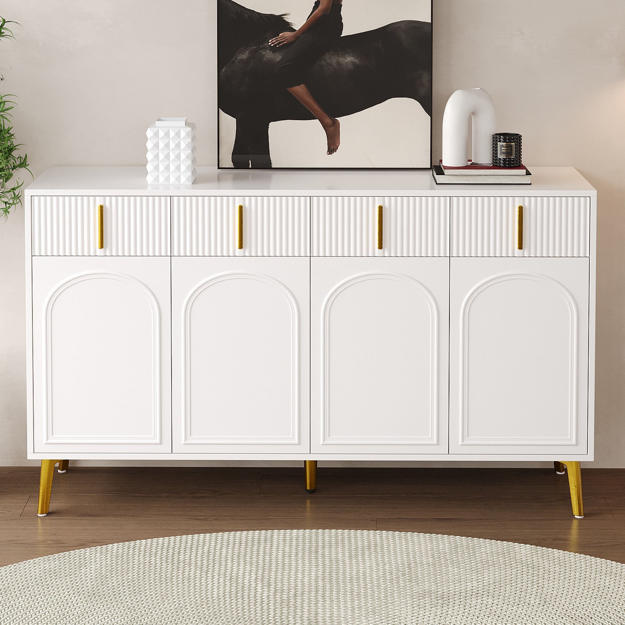 Sideboard, 4 Doors 4 Drawers, Gold Handles Legs, White MDF