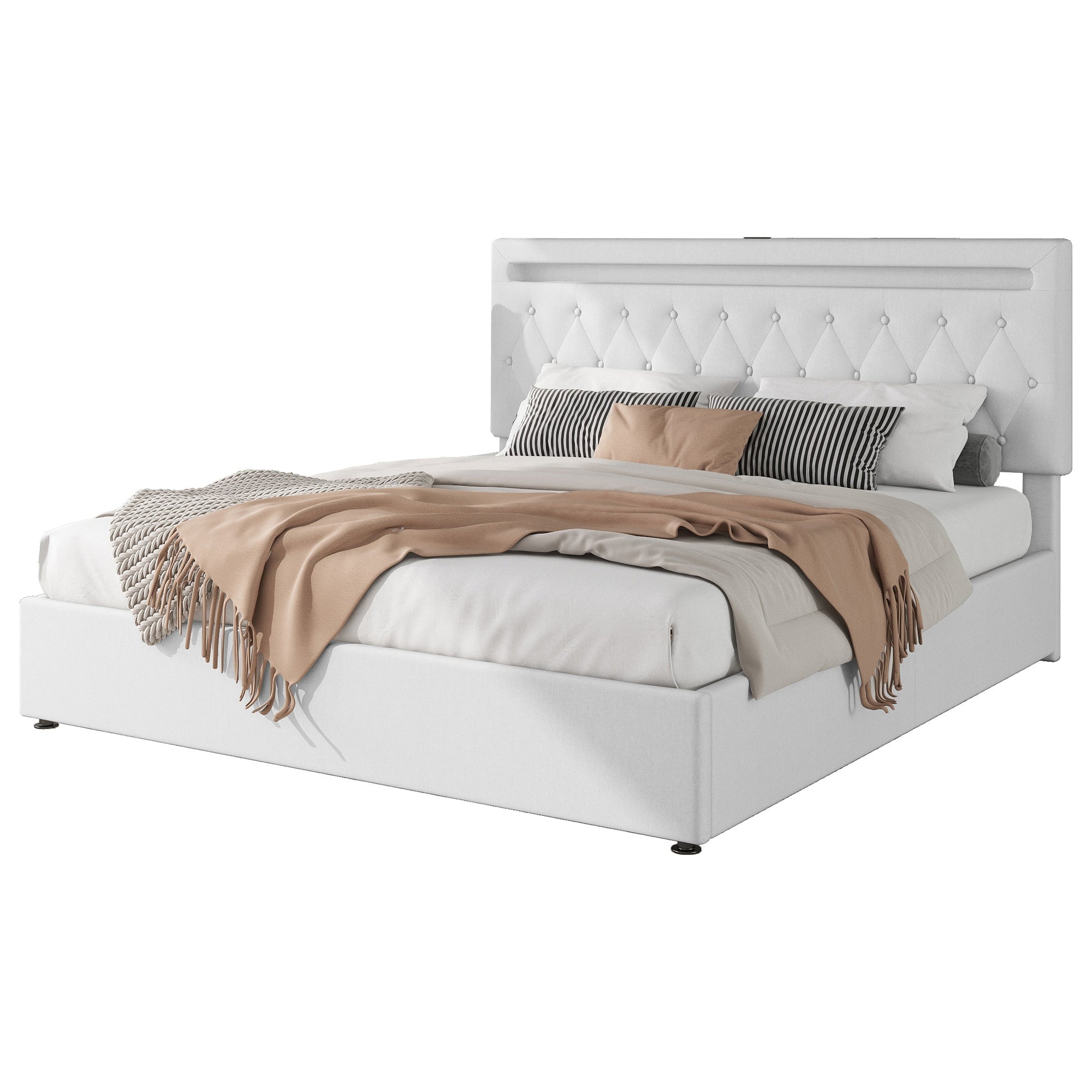 Upholstered Bed 180x200cm Hydraulic Storage LED USB - White