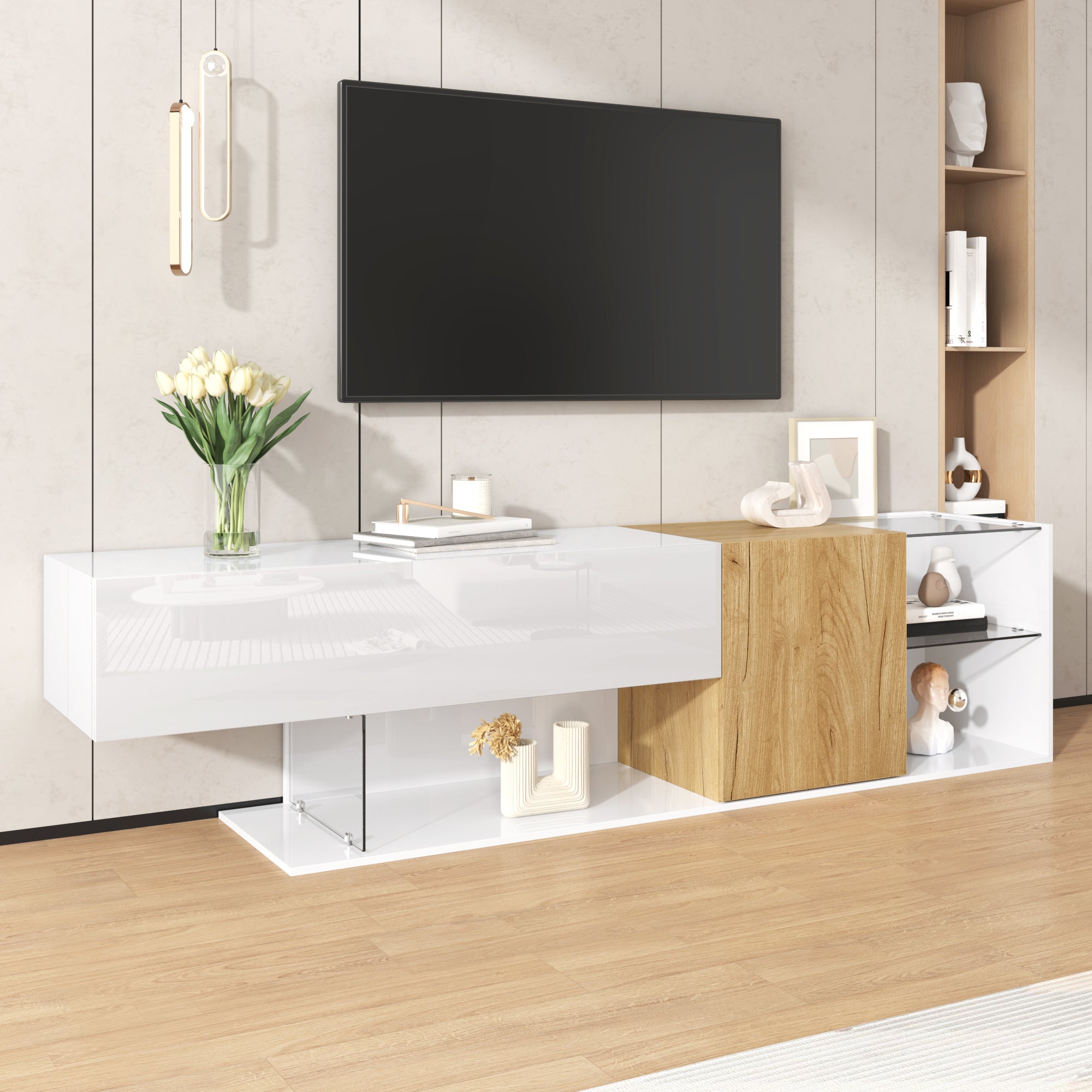 TV Cabinet, Modern High-Gloss with Glass Shelves, White Wood