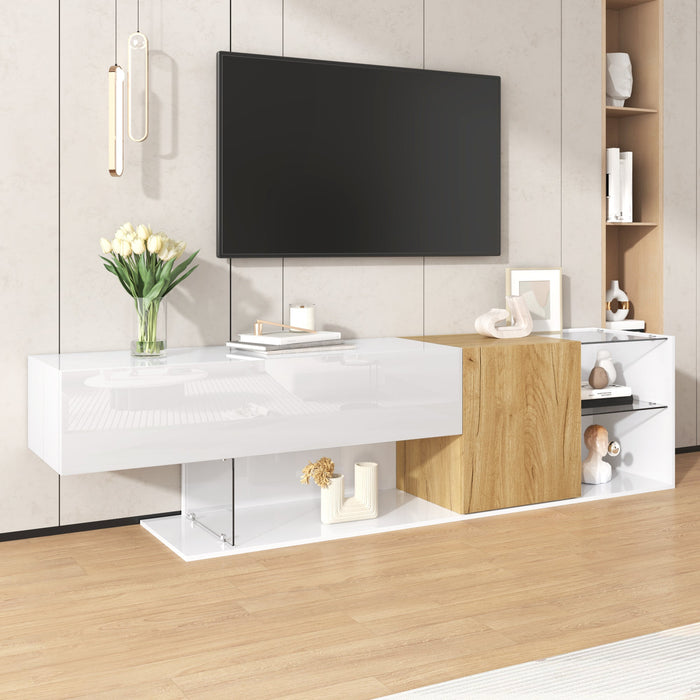 TV Cabinet, Modern High-Gloss with Glass Shelves, White Wood