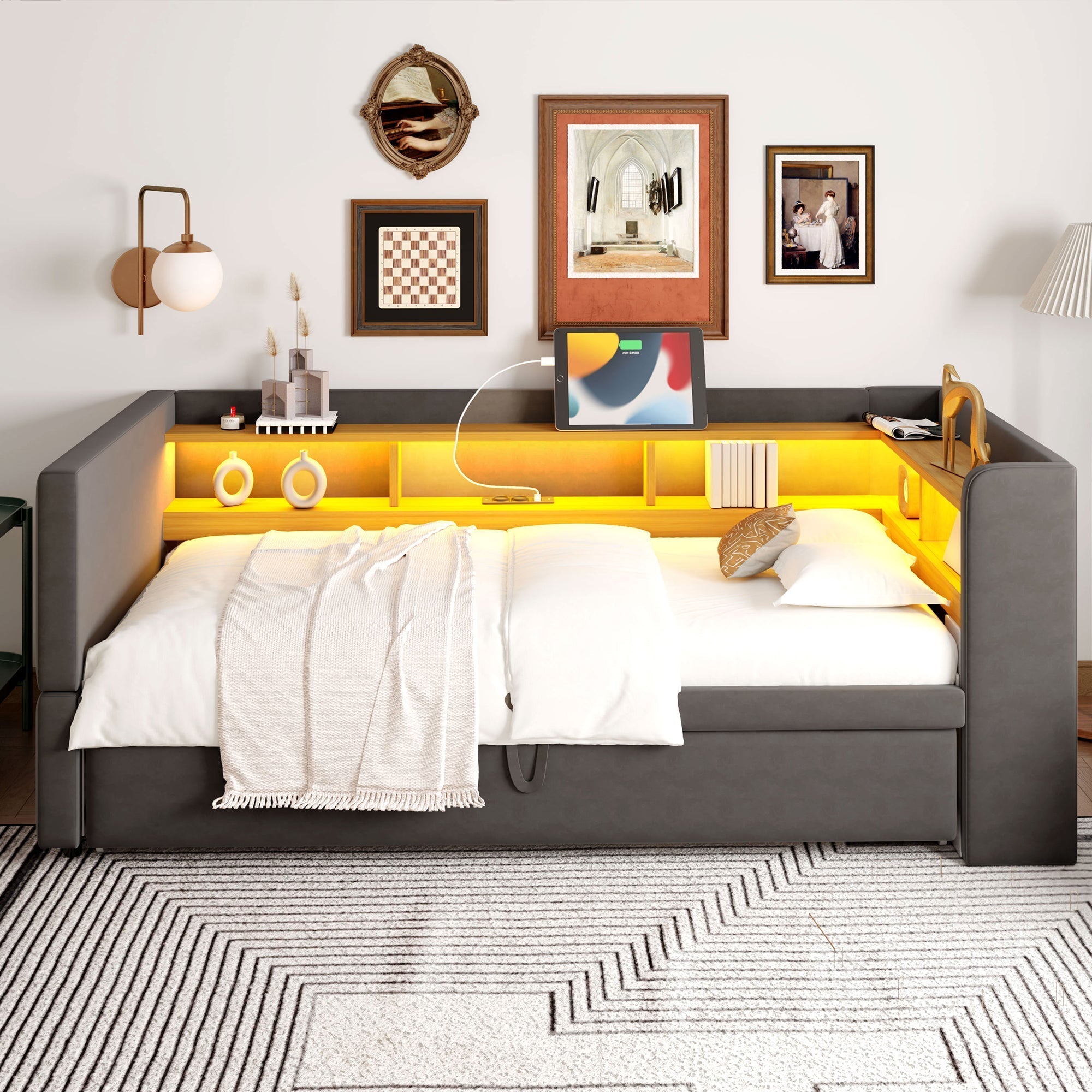 Upholstered Sofa Bed Extendable 90/180*190cm, LED Lights, Storage, Dark Grey