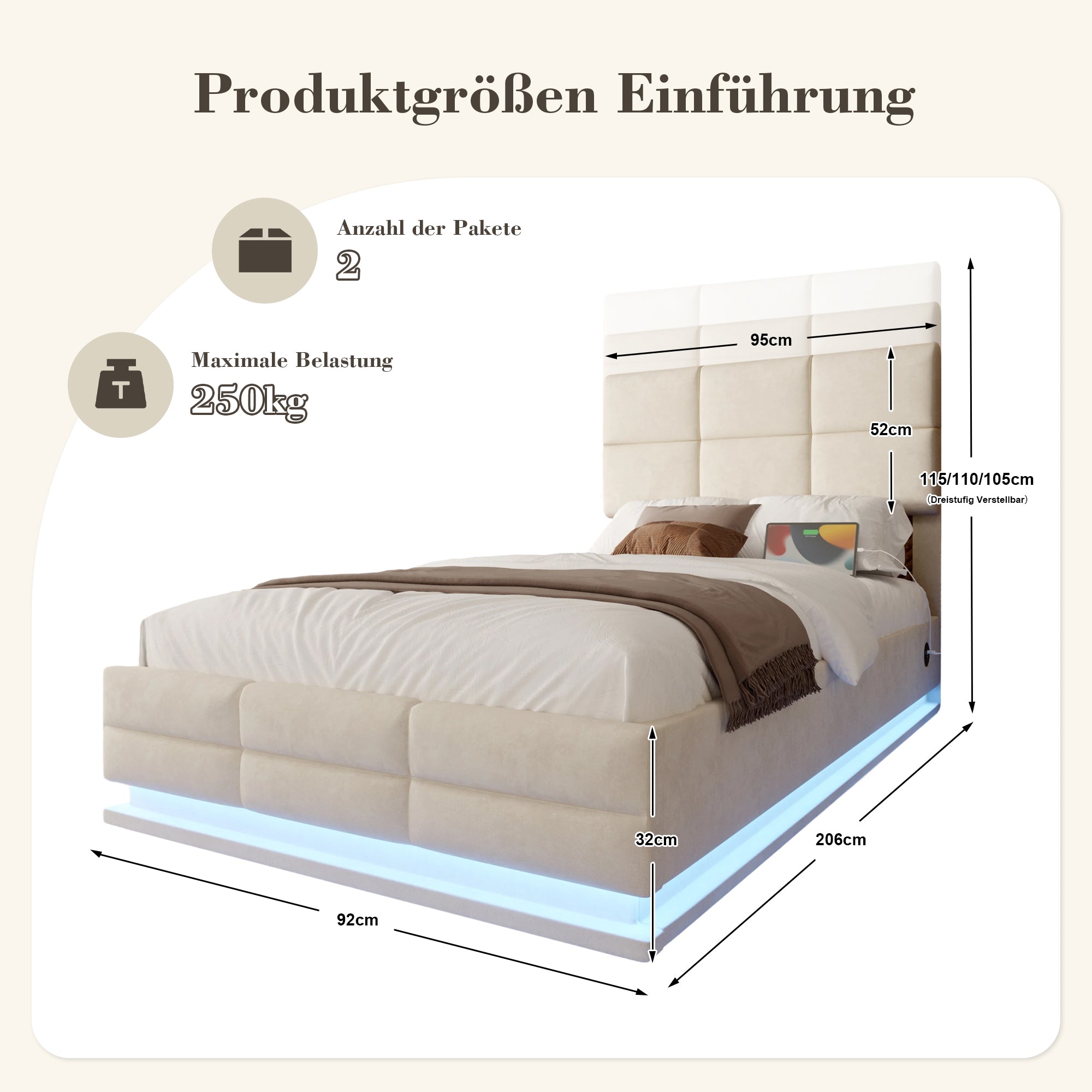 Modern Velour Upholstered Bed 90x200cm Adjustable Headboard USB/LED Hydraulic Storage, Beige