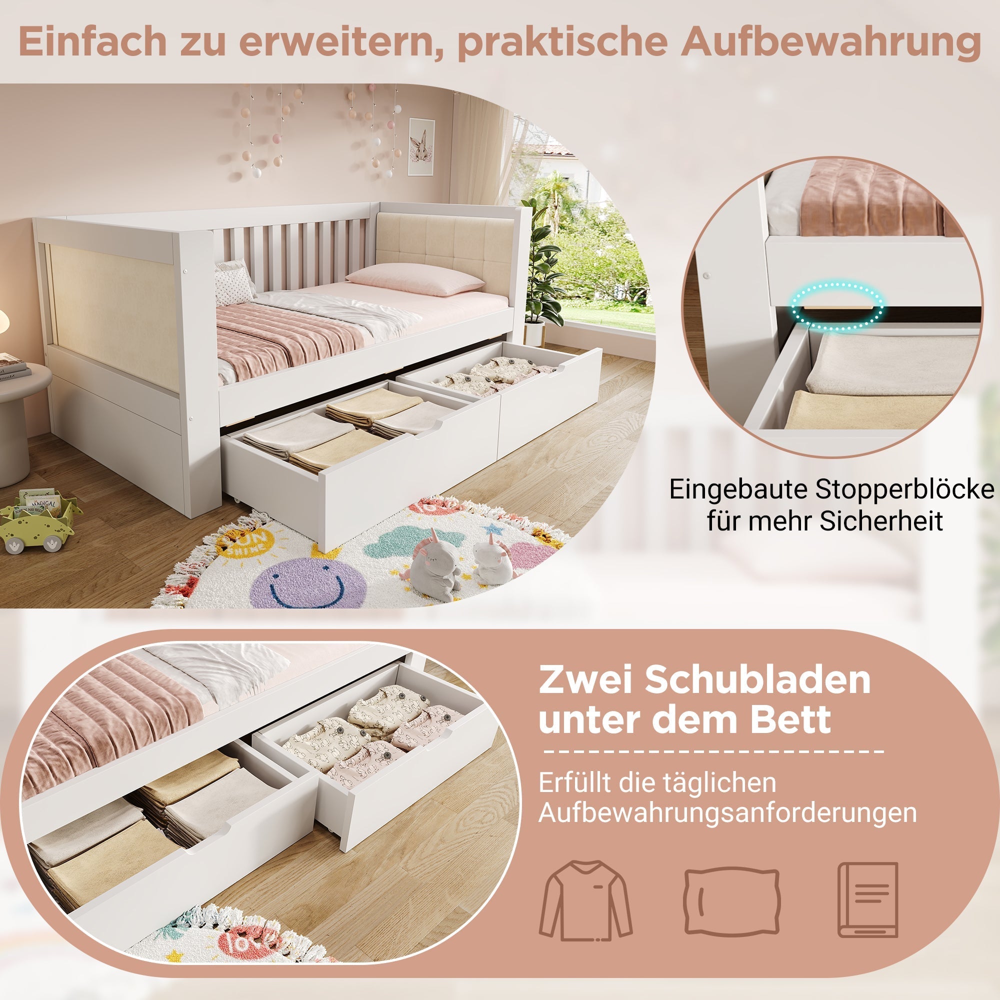 Sofa Bed with 2 Drawers and Rounded Armrests, 90x200cm, White Wood