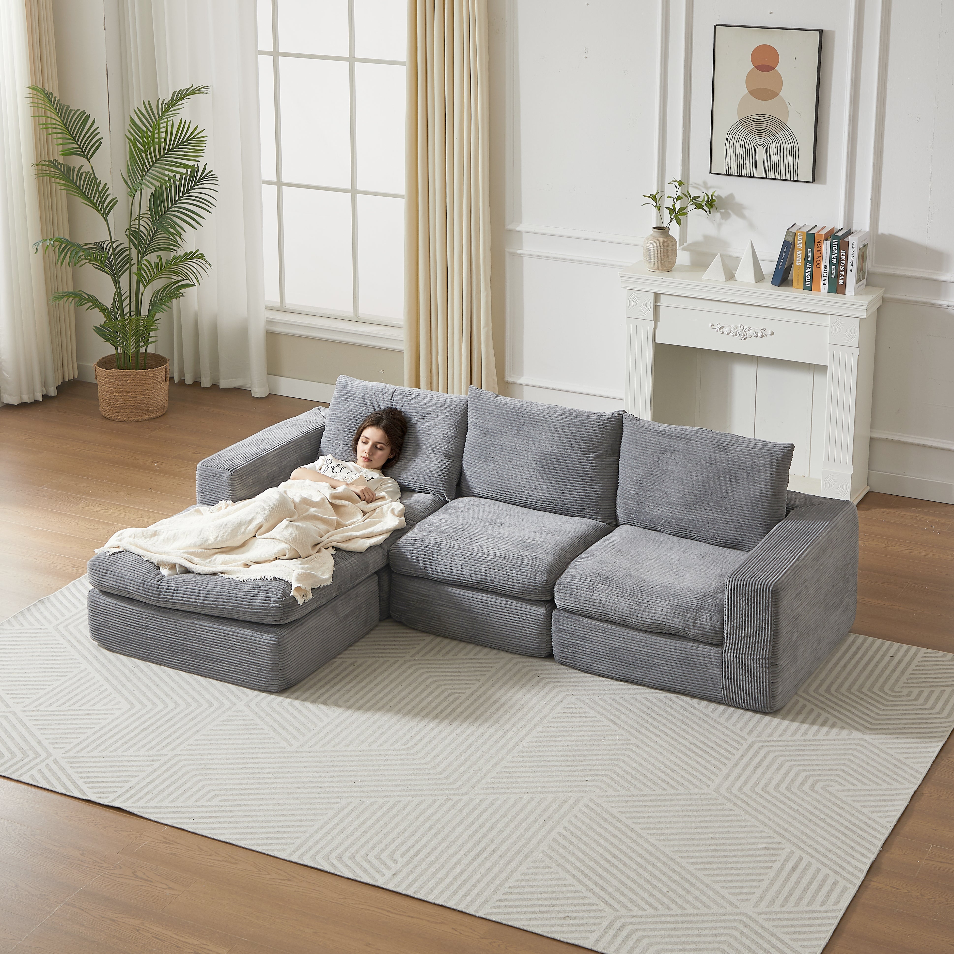 Boneless Couch with Chaise, L-Shaped Modern Upholstered Sofa, Three Cushions, No Assembly Required, Corduroy