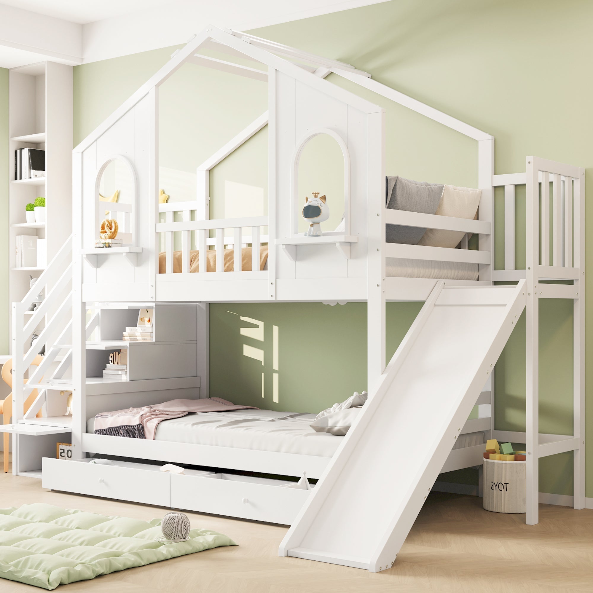 Children's Bunk Bed House-Shaped with Slide & Storage, 90x200cm, White