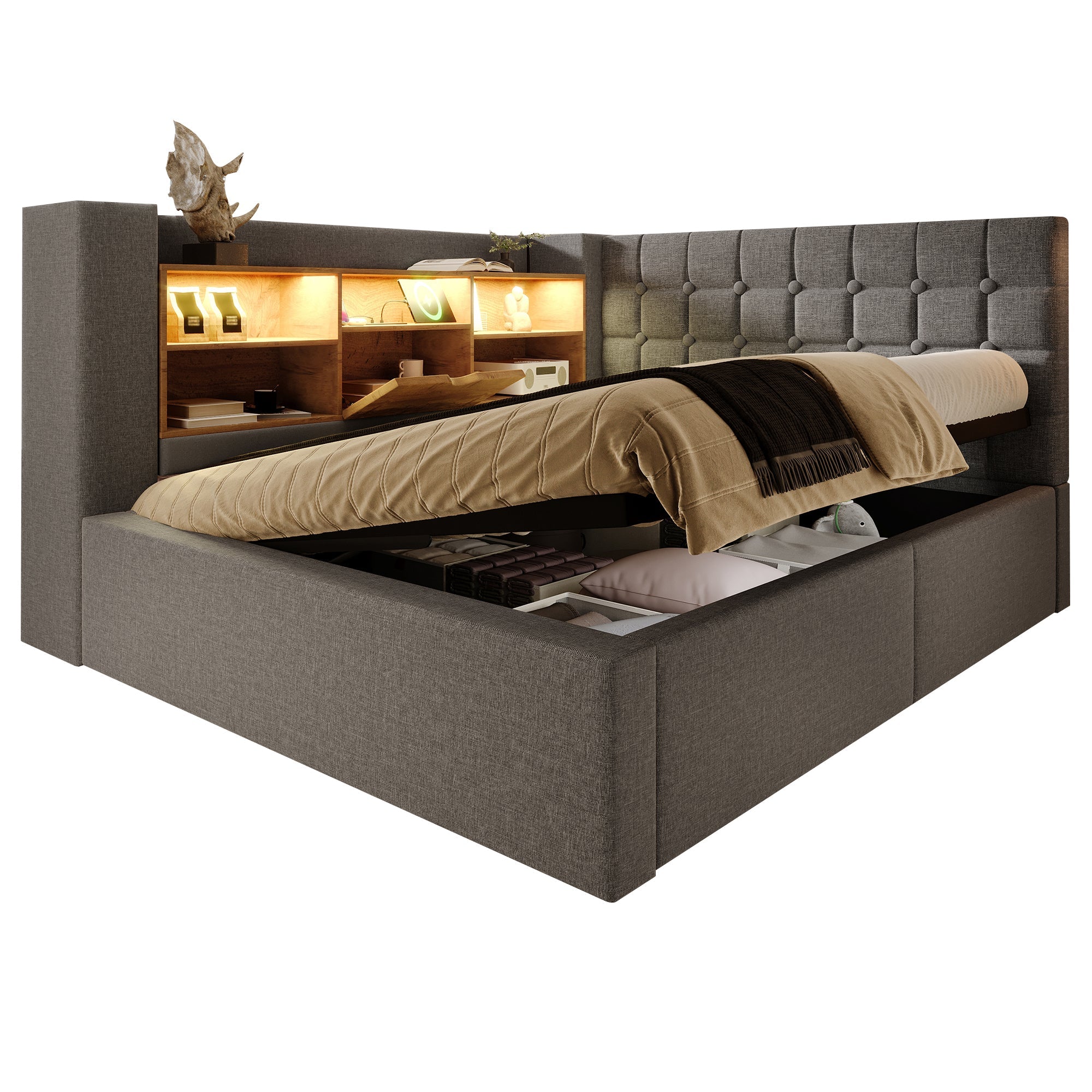 Upholstered Double Bed with LED Lighting, Hydraulic Storage and L-Shaped Headboard, 140x200cm, Grey Linen Fabric
