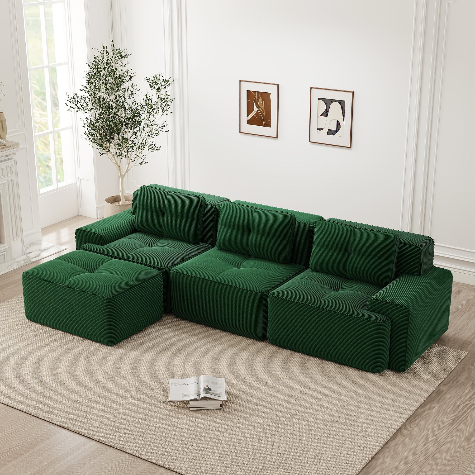 Cloud Modular Sofa L-Shape 3-Seater Ottoman - Corduroy Green