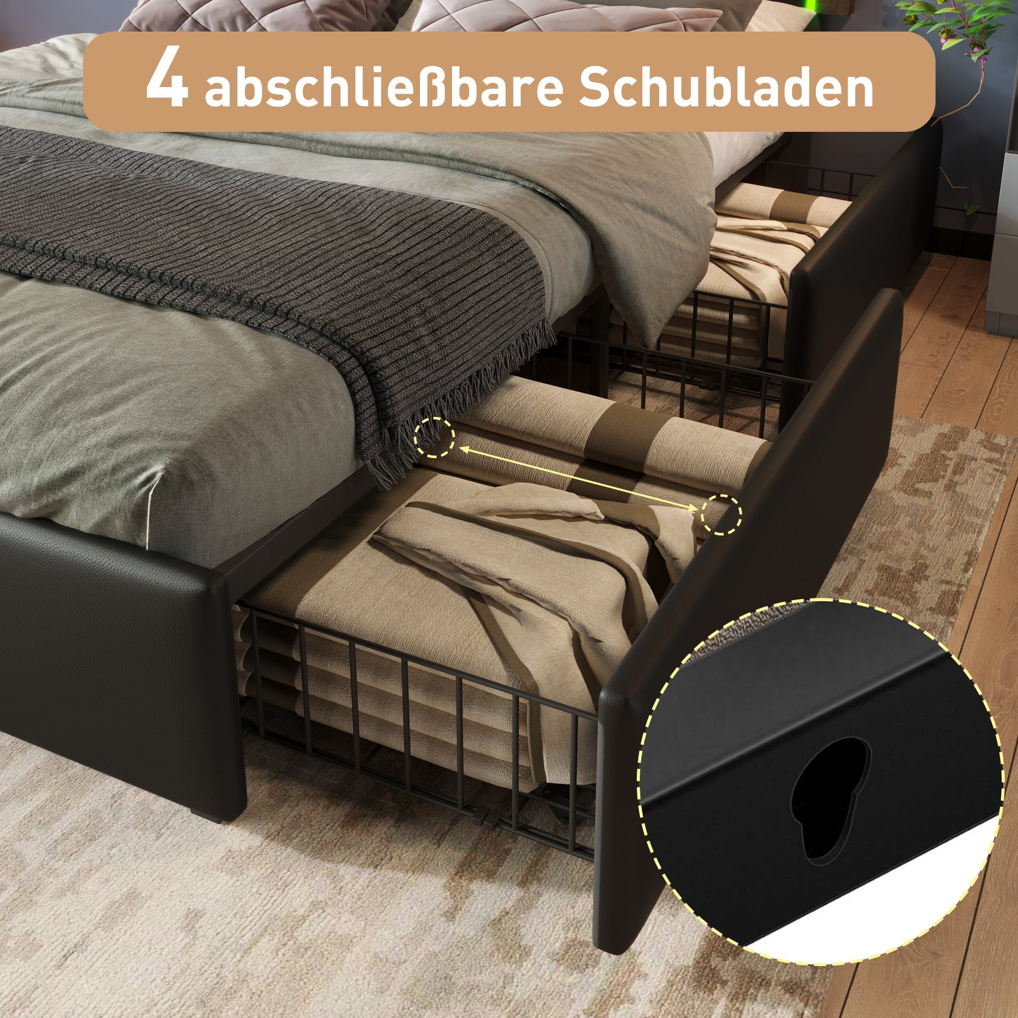 Bed Frame, LED, 4-Drawer, Adjustable Headboard, 160x200cm PU Black