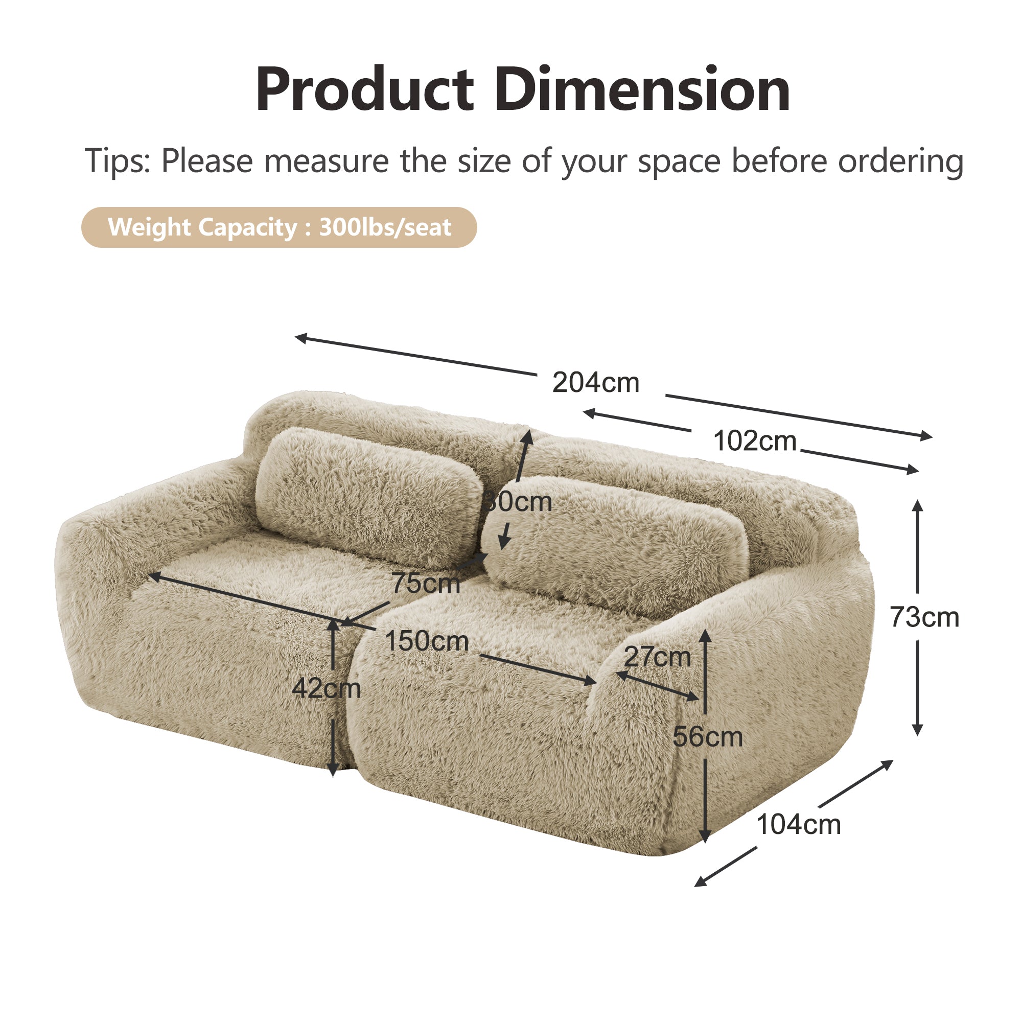 2-Seater Sofa Modular Frameless Plush Fabric - Light Khaki