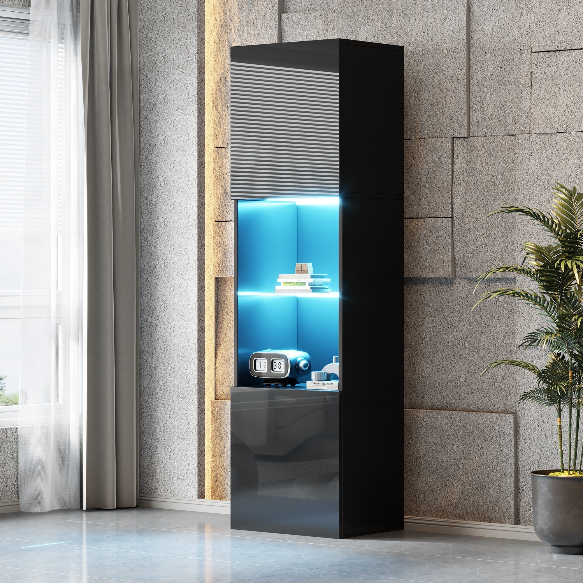 Display Cabinet, Freestanding with LED Lighting, 1 Glass Shelf, Black