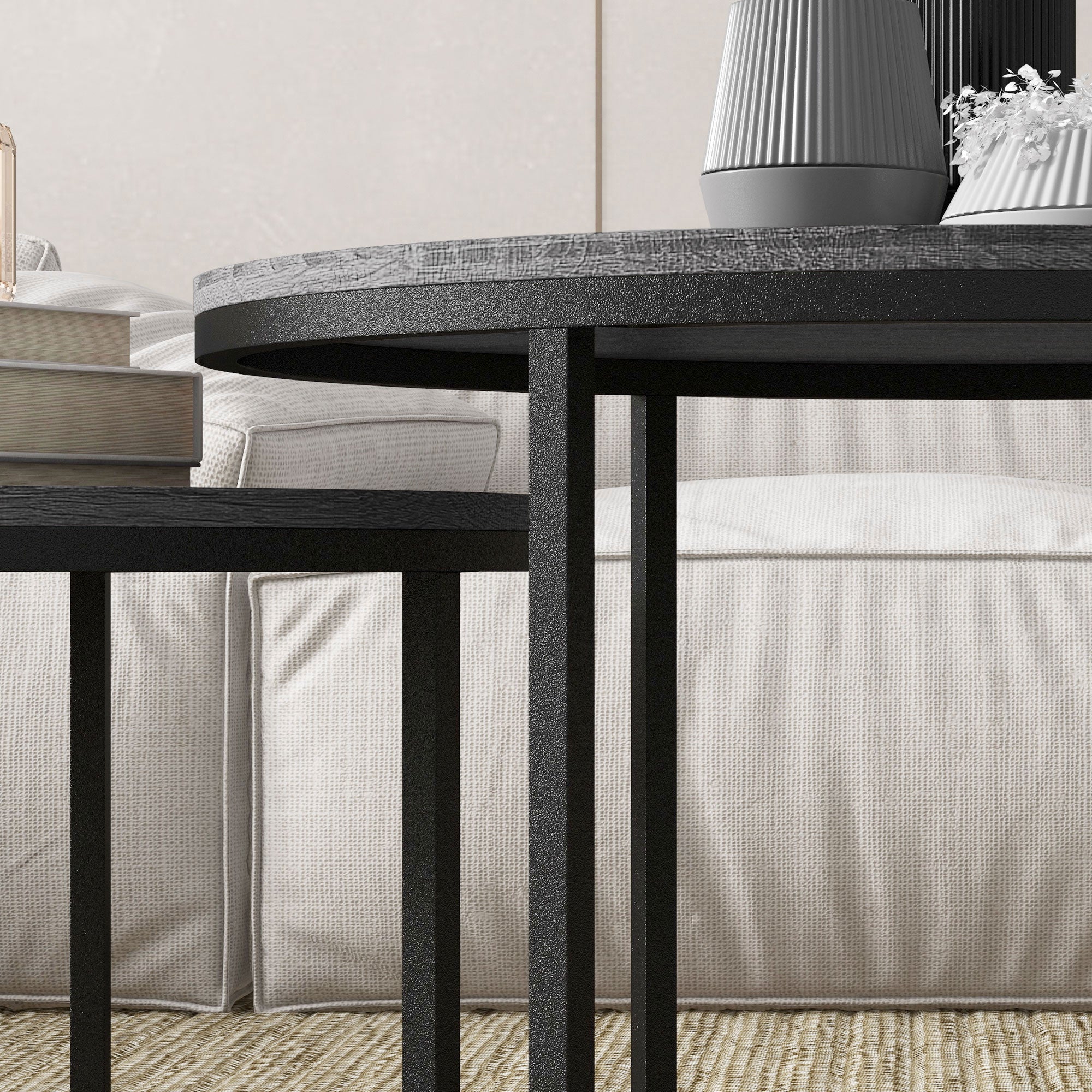 Runder Couchtisch, 2er-Set stapelbare Beistelltische, Holzoptik & Metall, Schwarz