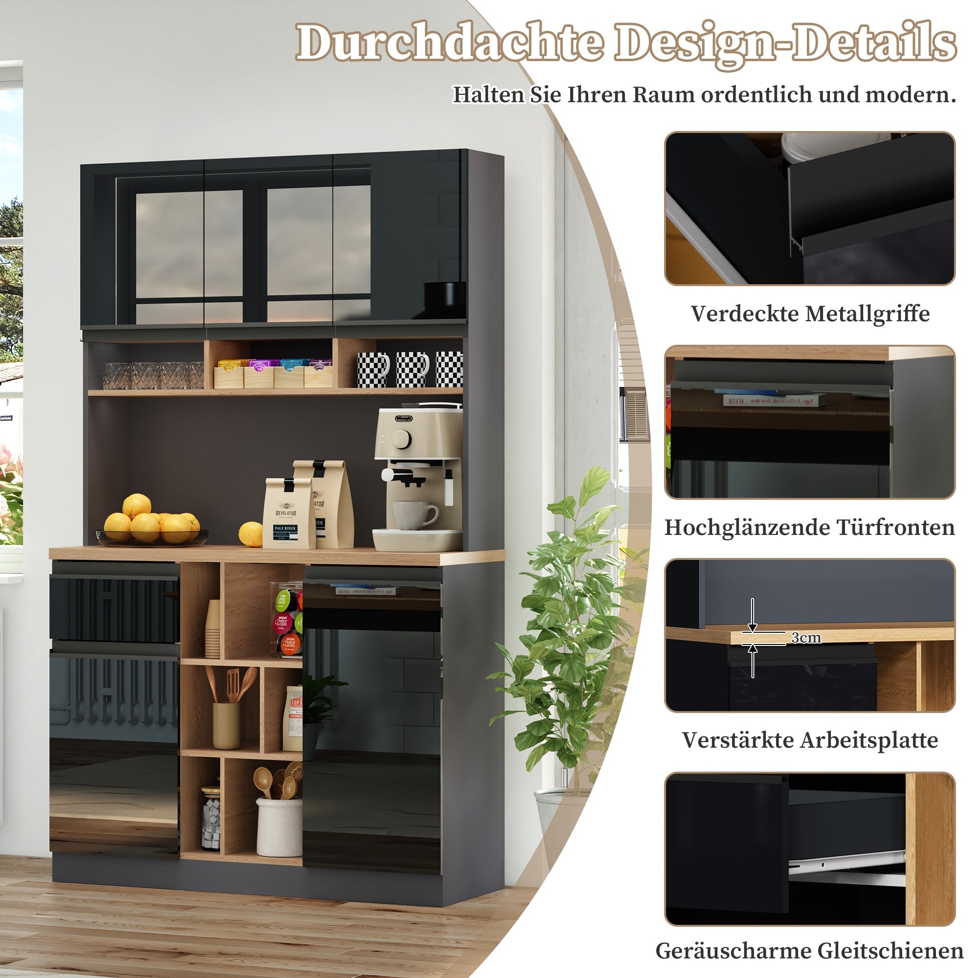 Modern Buffet Sideboard 105x185cm Adjustable Shelves Drawers - Grey/Black