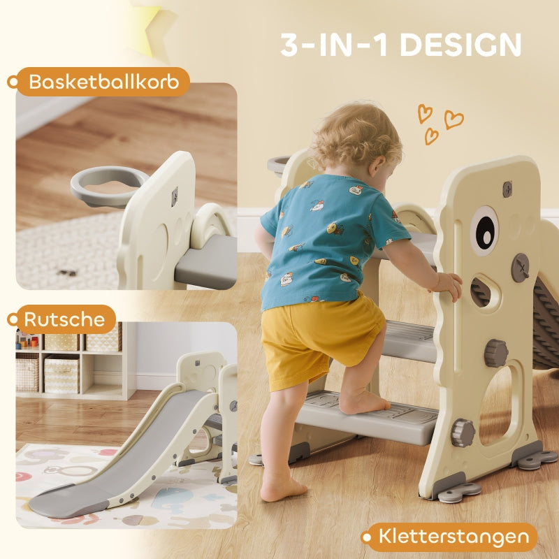 AIYAPLAY 3-in-1 Kids Slide with Climbing Frame, Basketball Hoop and Ball, Foldable Indoor Toddler Slide