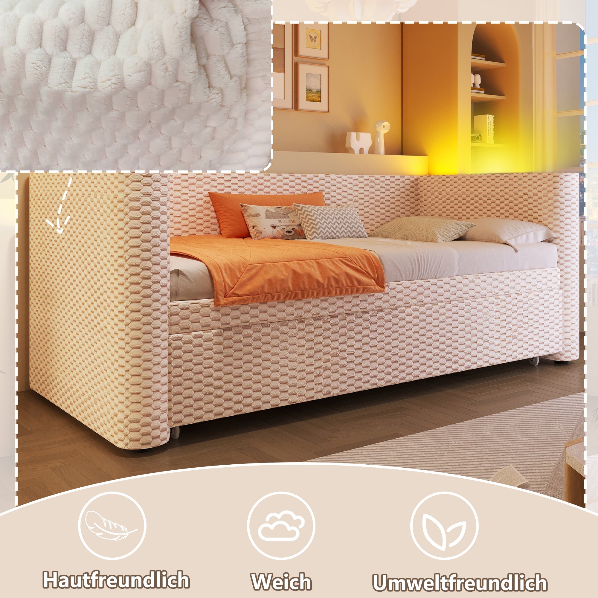 Daybed Sofa Bed, Multifunctional Pull-Out with LED Light, Velvet Beige