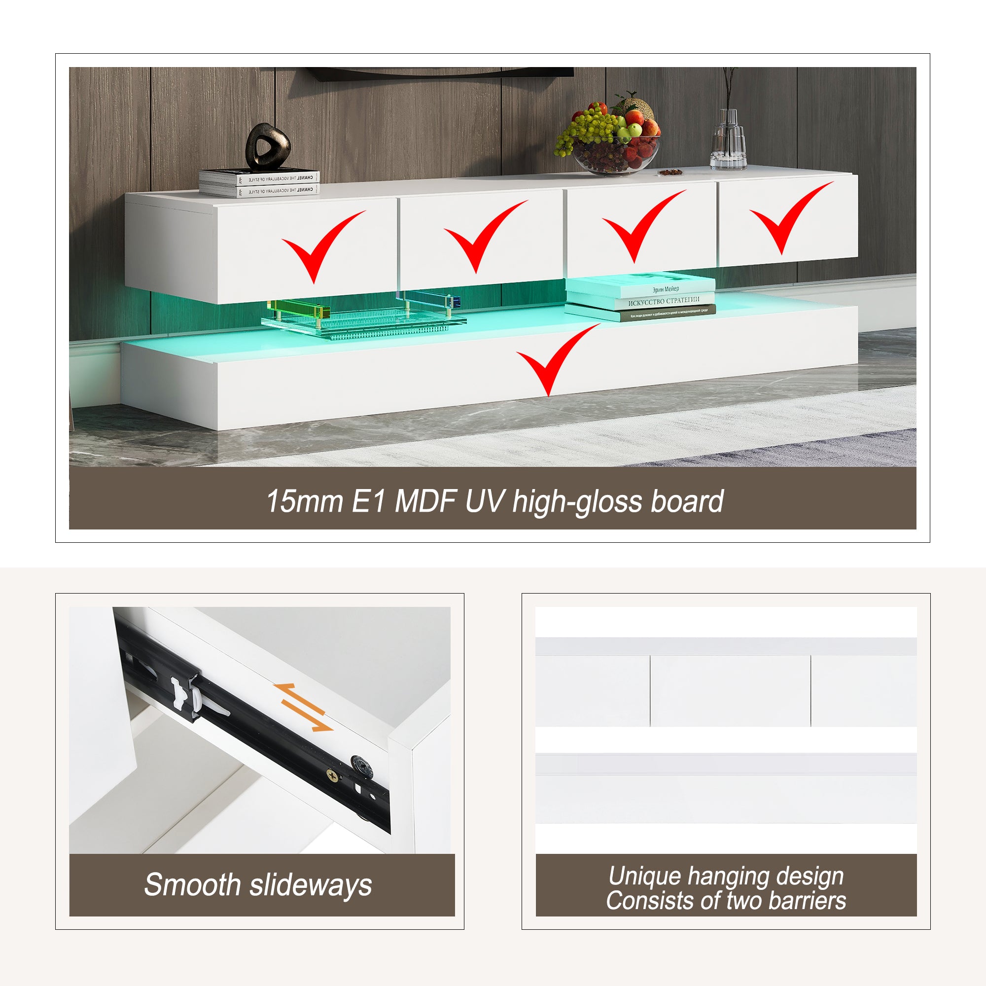 LED TV Lowboard with 2 Cabinets, 4 Drawers & 16-Color LED Lighting for up to 55-Inch TVs, White