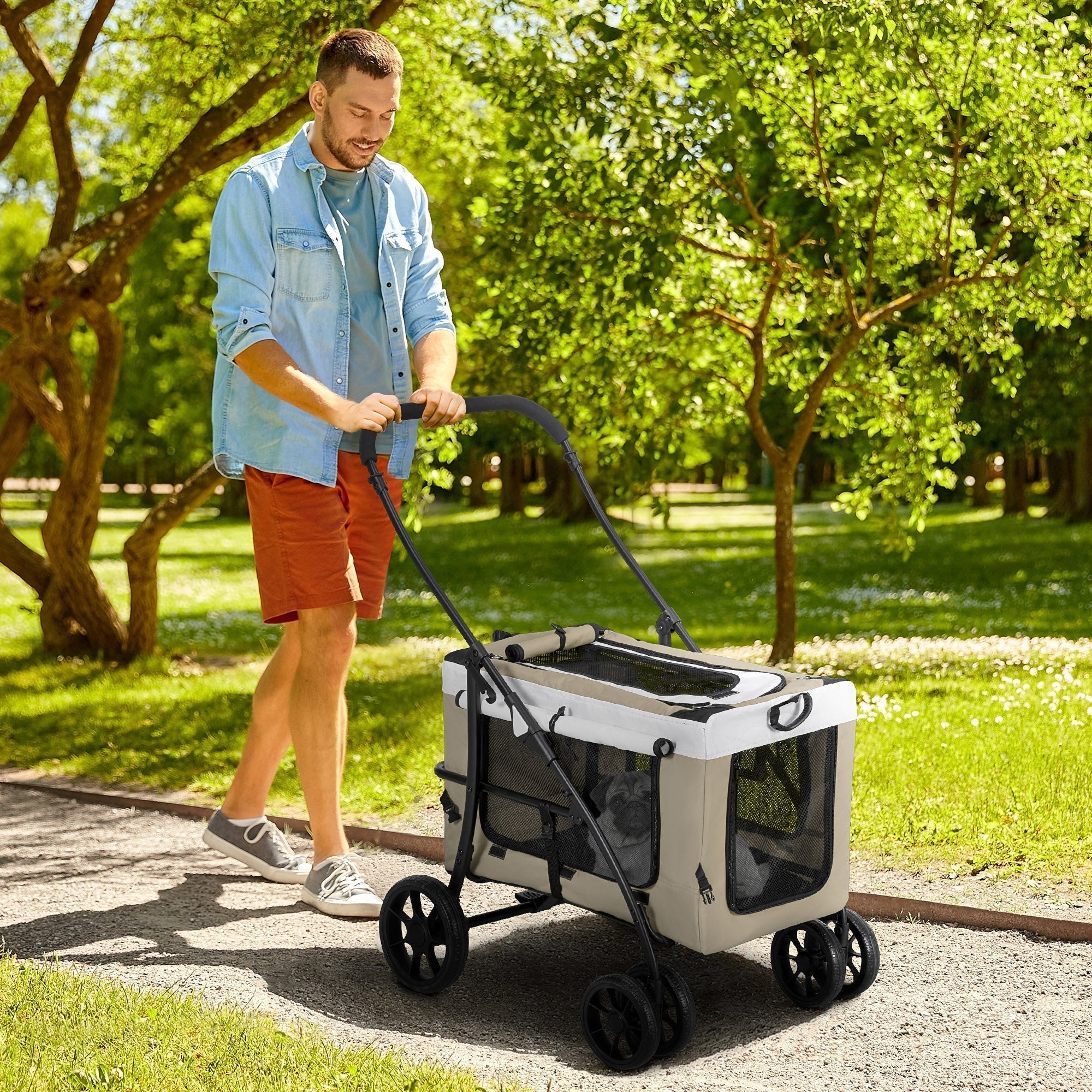 Faltbarer Tierkinderwagen, Abnehmbare Tasche, 4 Räder, Khaki 600D Oxford-Gewebe