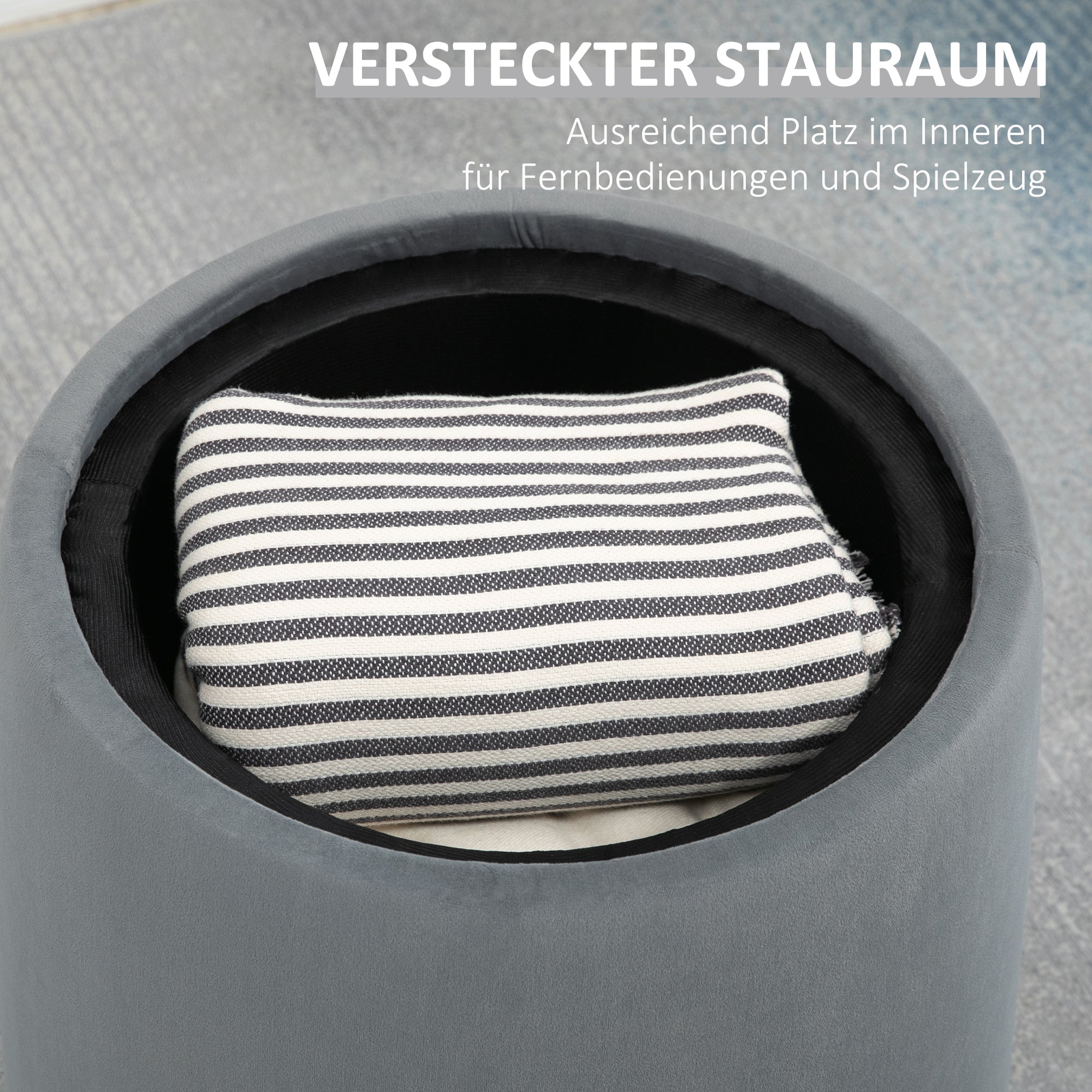 2-in-1 Ottomane mit Stauraum, abnehmbarer Deckel, Ø44cm x 47.5cm, Grau Samt