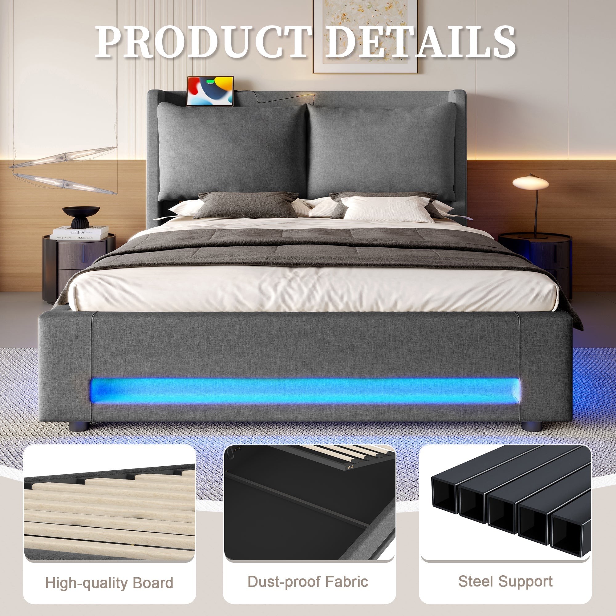 Modern Upholstered Bed with Storage, USB-C, LED Lights, Hydraulic Lift, Velvet