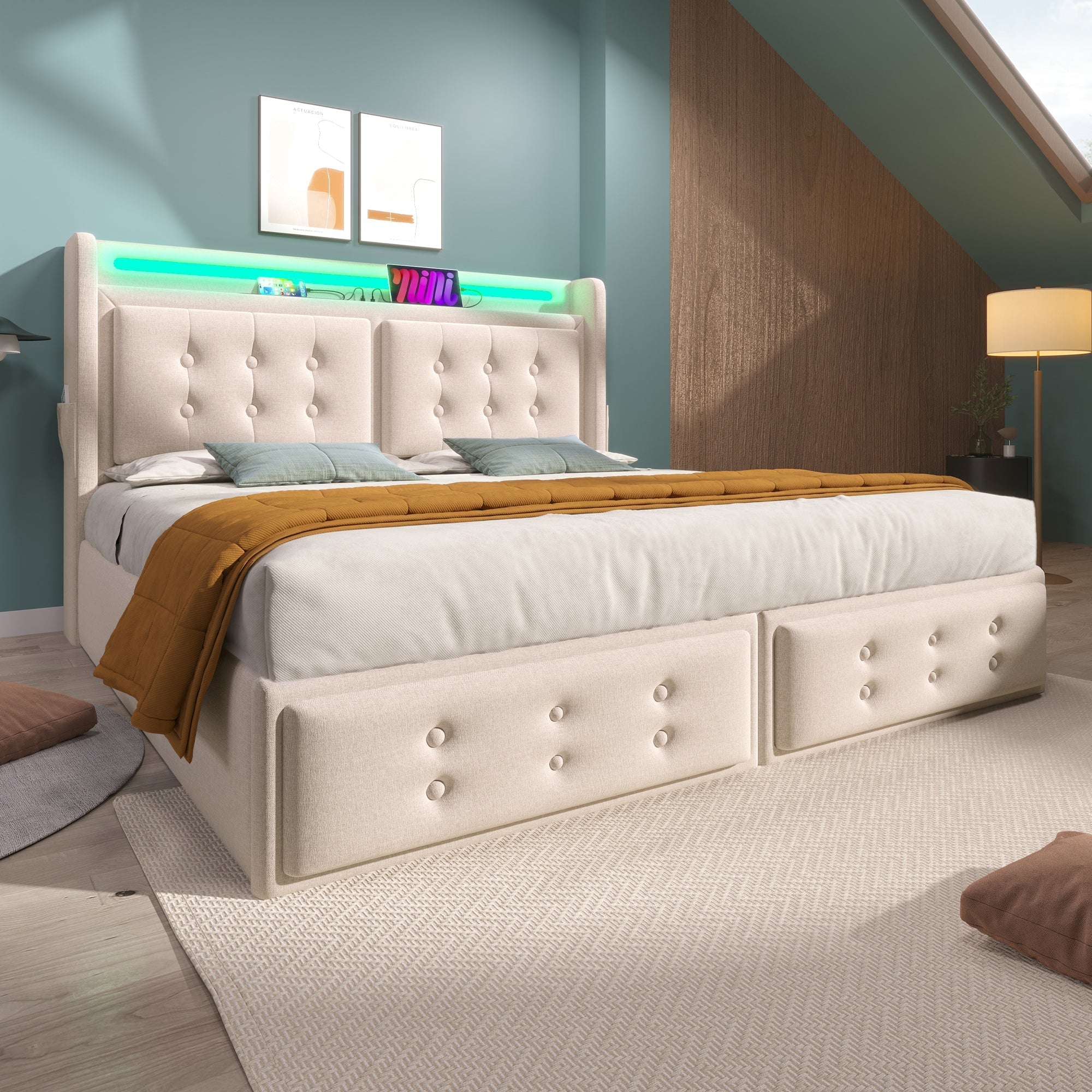 Upholstered Bed 180x200, LED Headboard with USB-C, Hydraulic, Beige Cotton