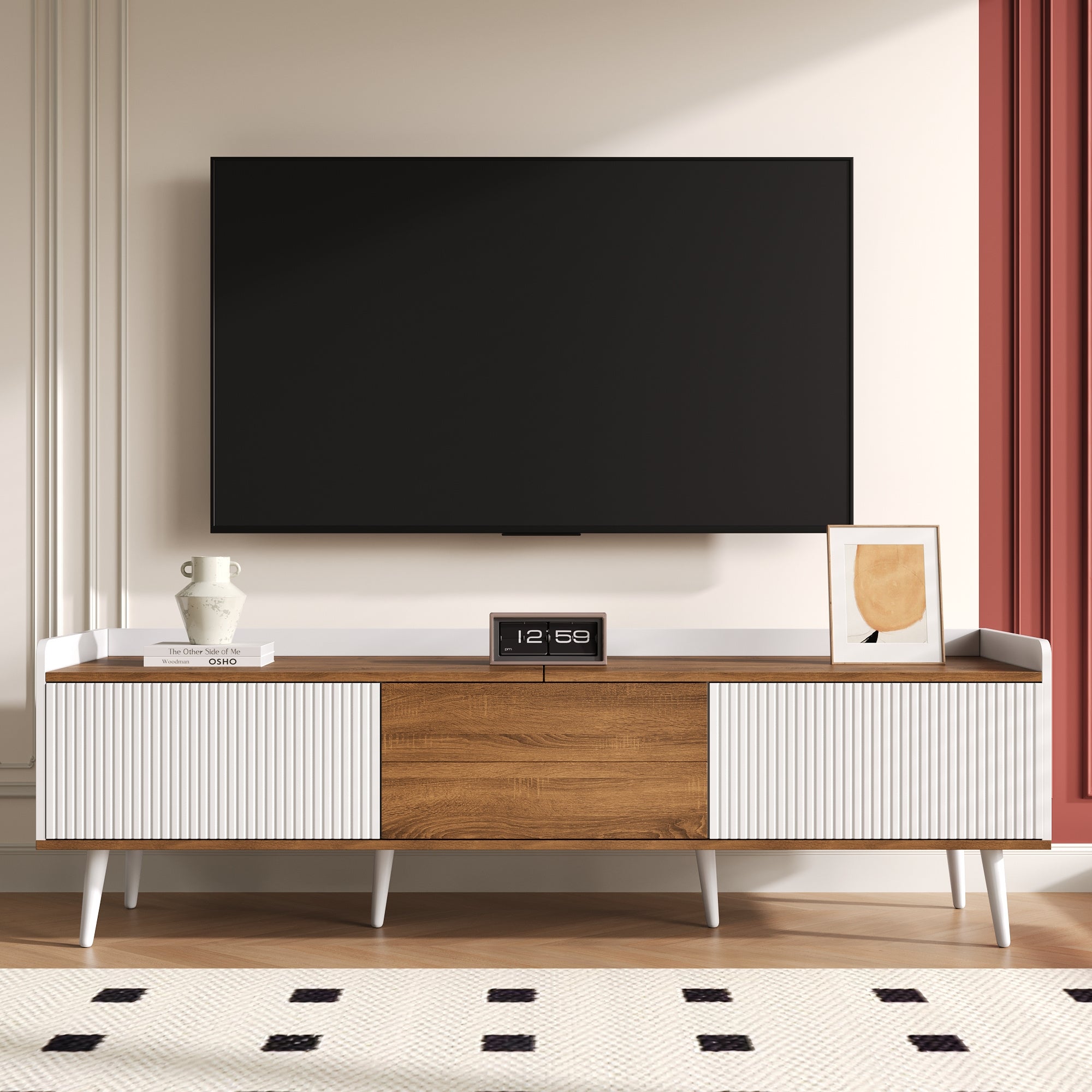 TV Cabinet, 3-Door Base, Compact Design, White and Natural Wood