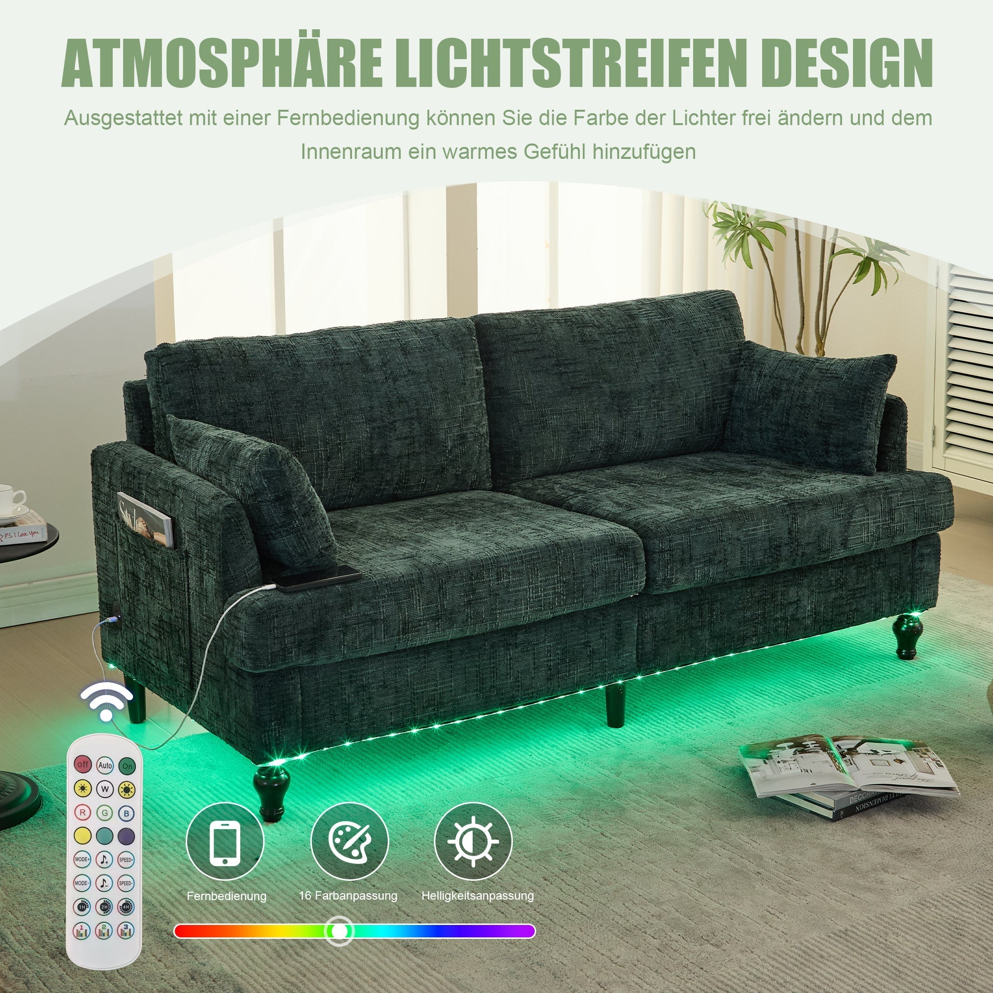 Sofa, Modern 2-Seater with LED Light, USB Port, Storage Bag, Chenille