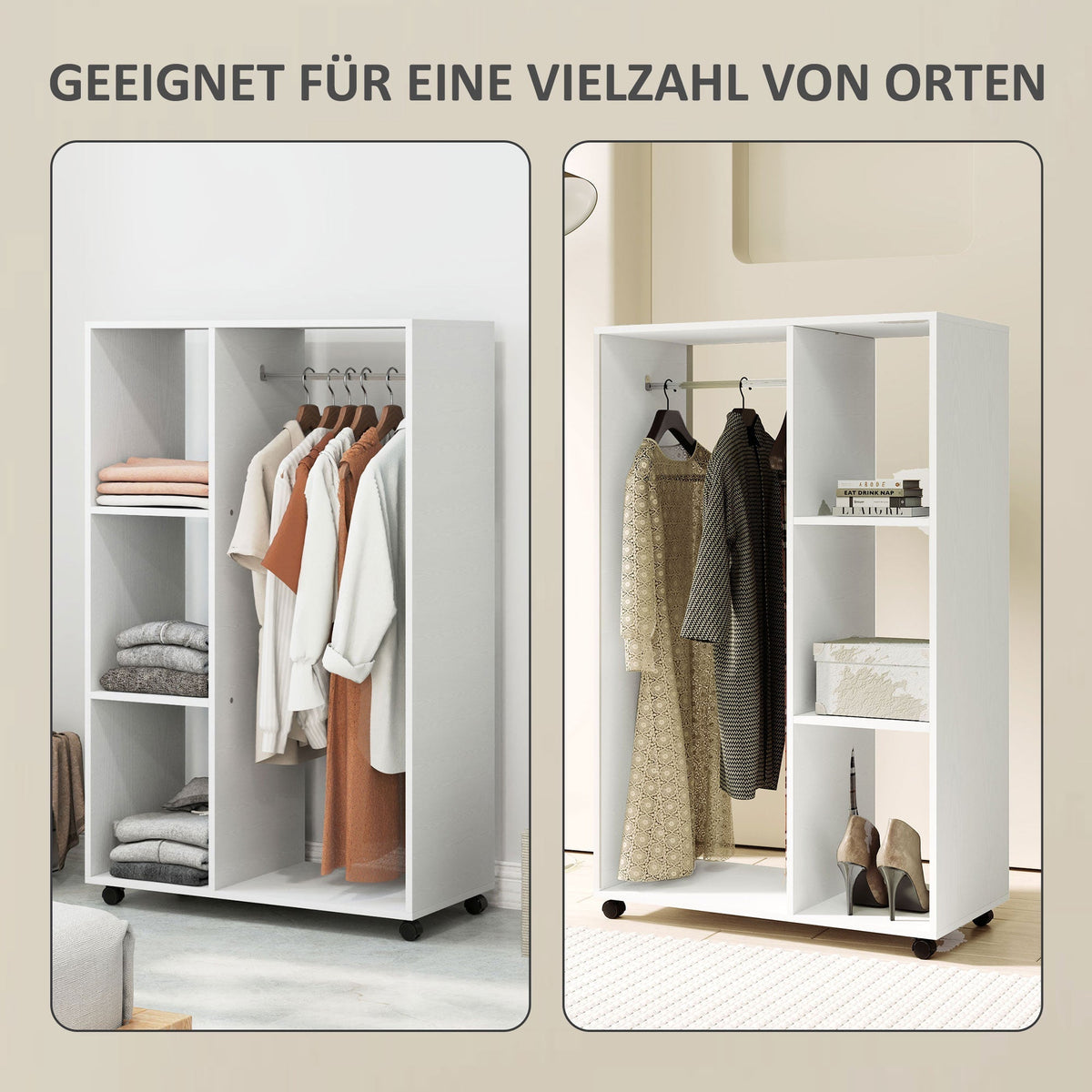 Wardrobe on Wheels, 1 Clothes Rail 3 Shelves Mobile Clothes Rack 80x40x128 cm, White