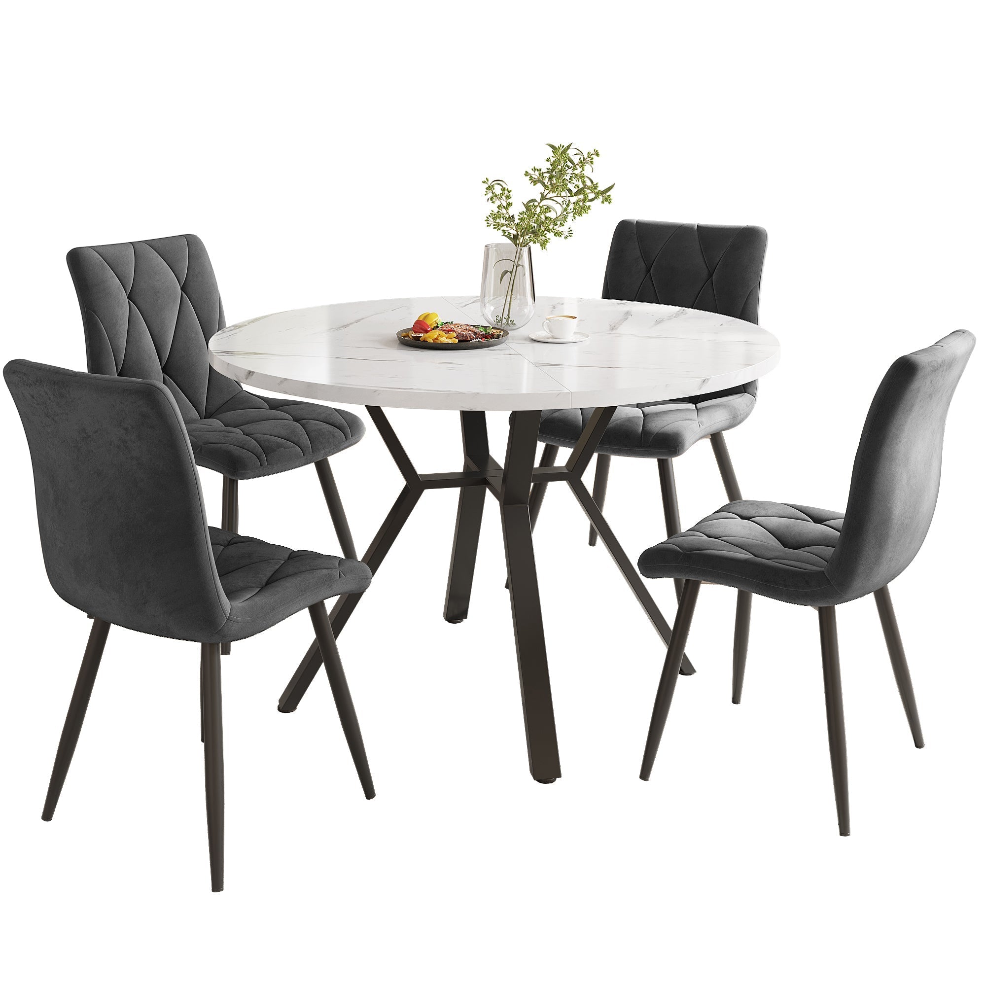 5-Piece Dining Set Modern Round Marble Table 4 Ergonomic Chairs Black Metal Grey Suede