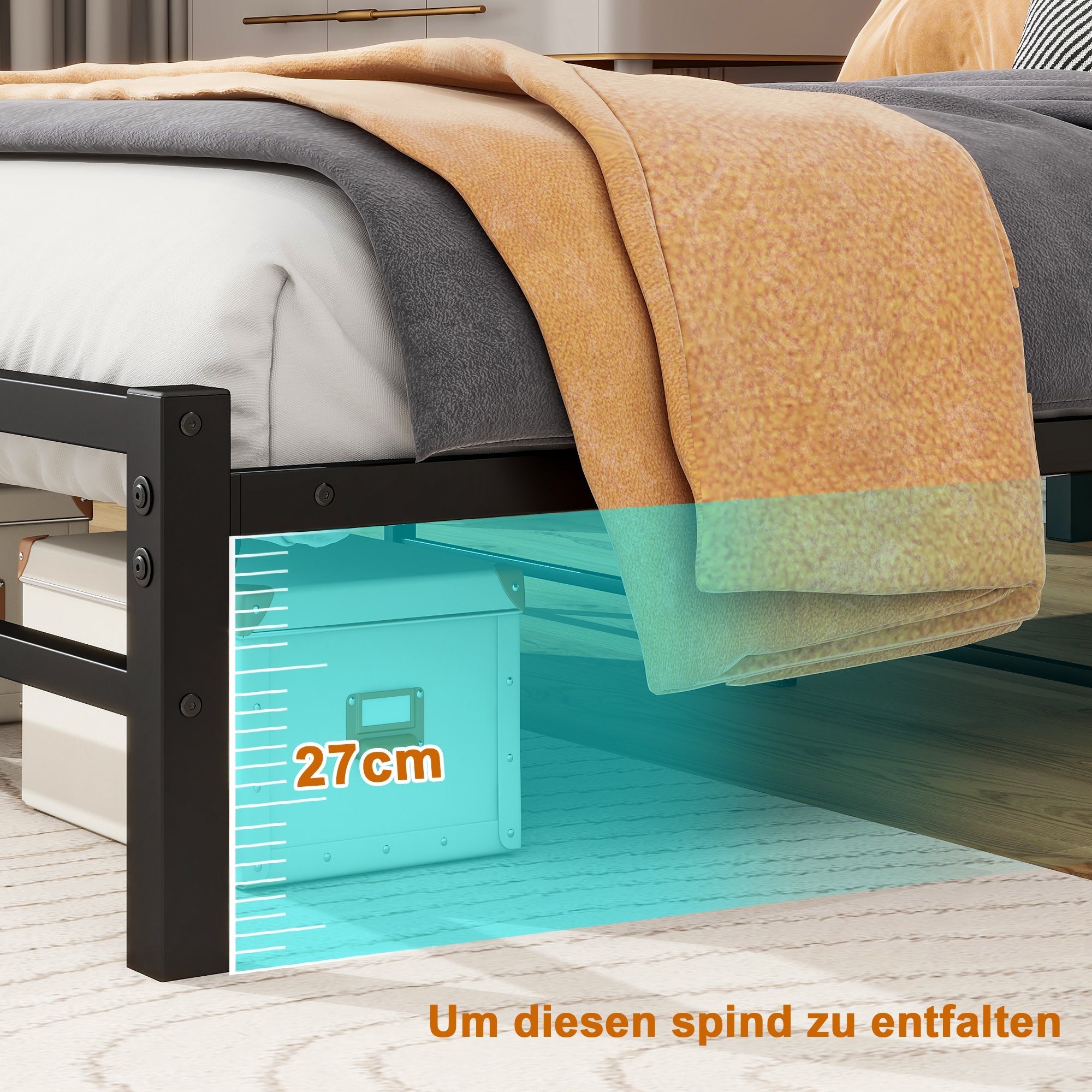 Bed Frame with Headboard, 120x200cm, USB Charging Station & LED, Metal