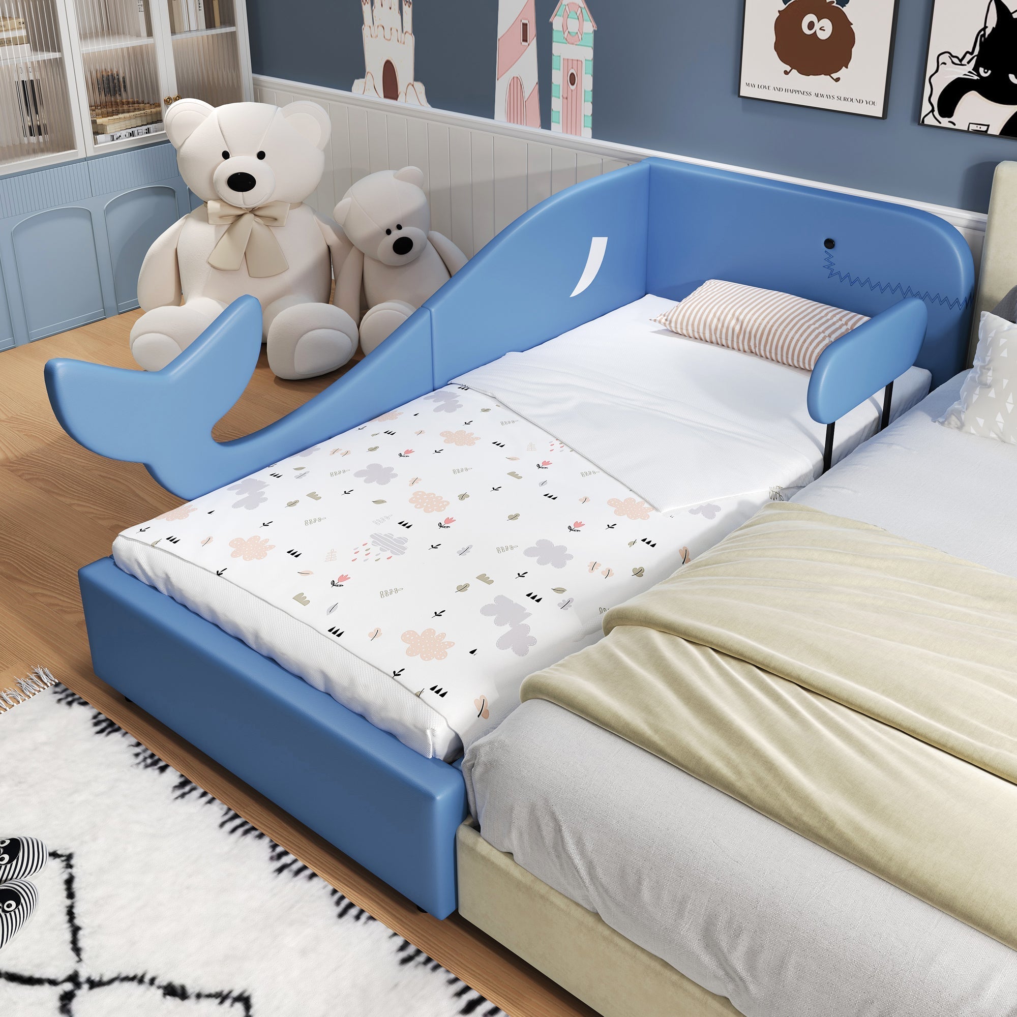 Children's Splicing Bed, Upholstered Daybed with 2 Drawers, Blue