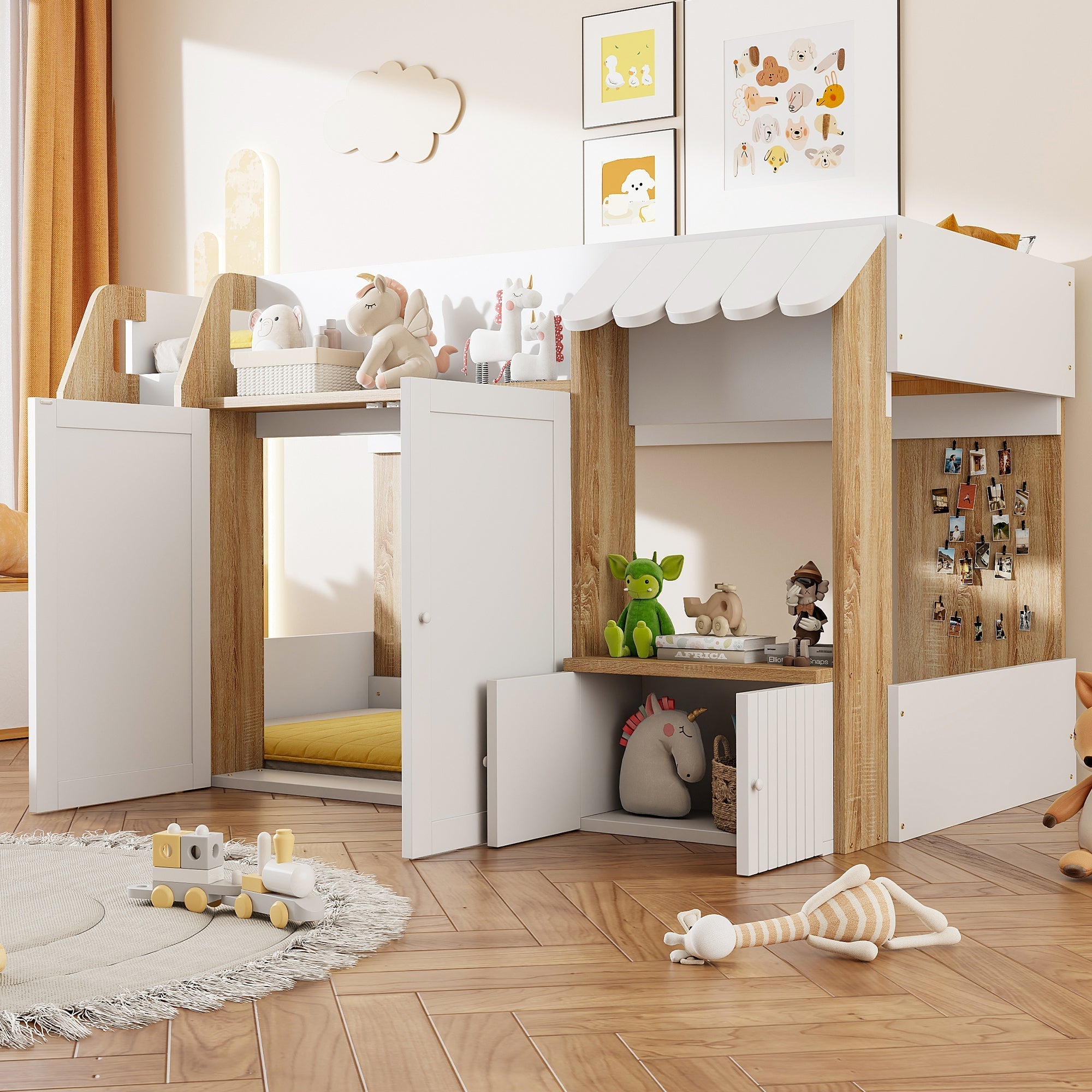 Children's House Bed 90x200 Mid-Height Storage Climbing Ladder - Solid Wood White/Natural