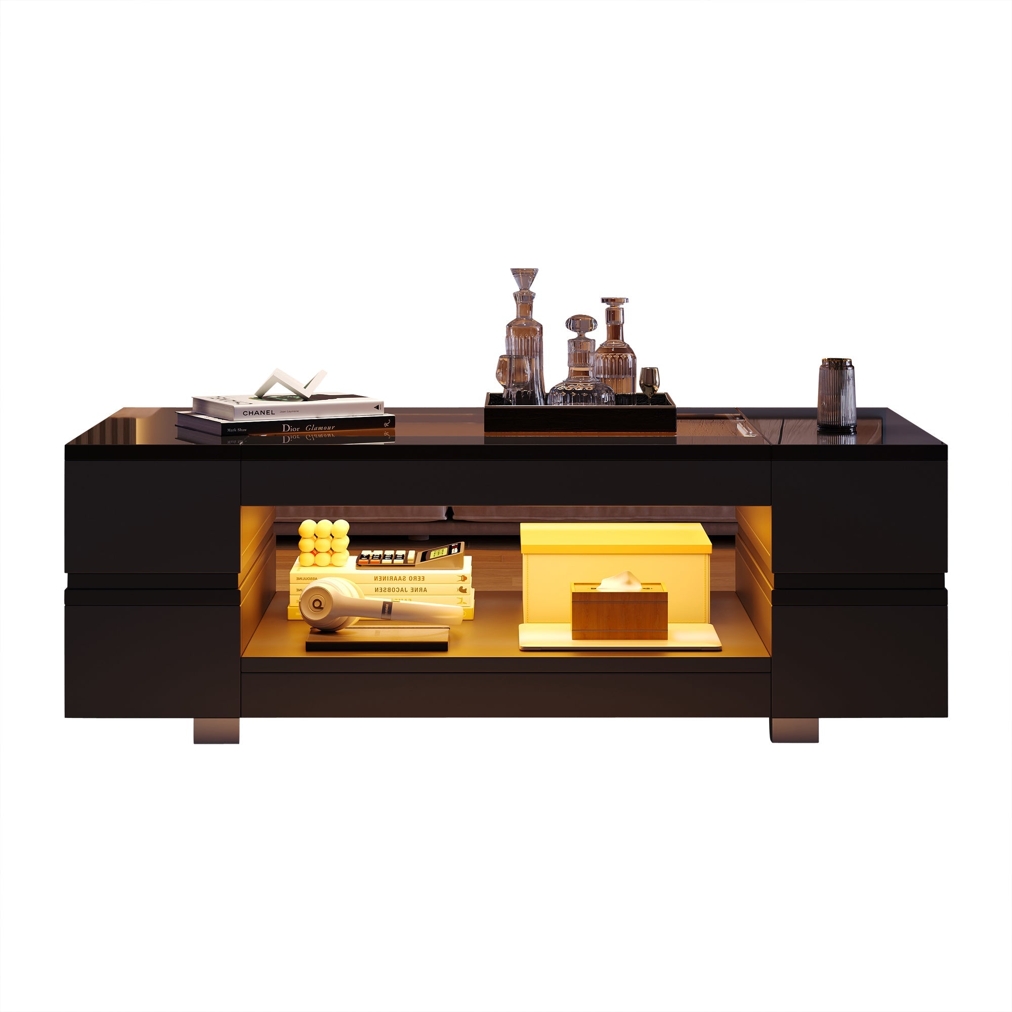 LED Coffee Table with Bluetooth App Control, Double-Layer High-Gloss, Black
