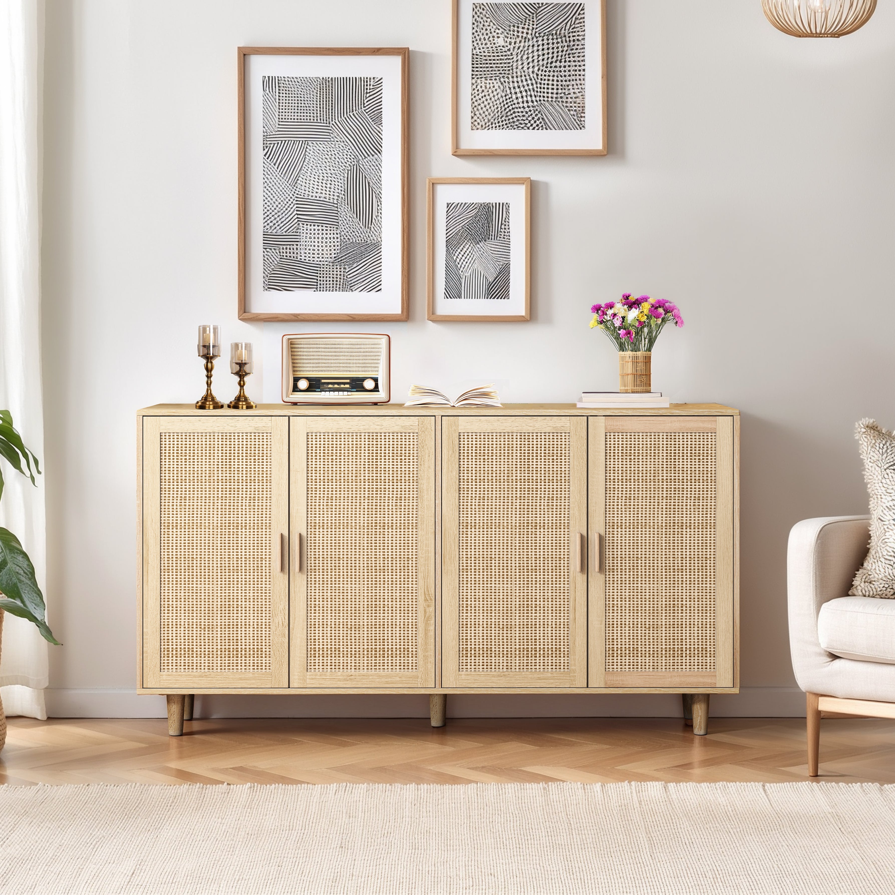 Rattan Decorative Storage Cabinet, 158CM 4-Door, Natural