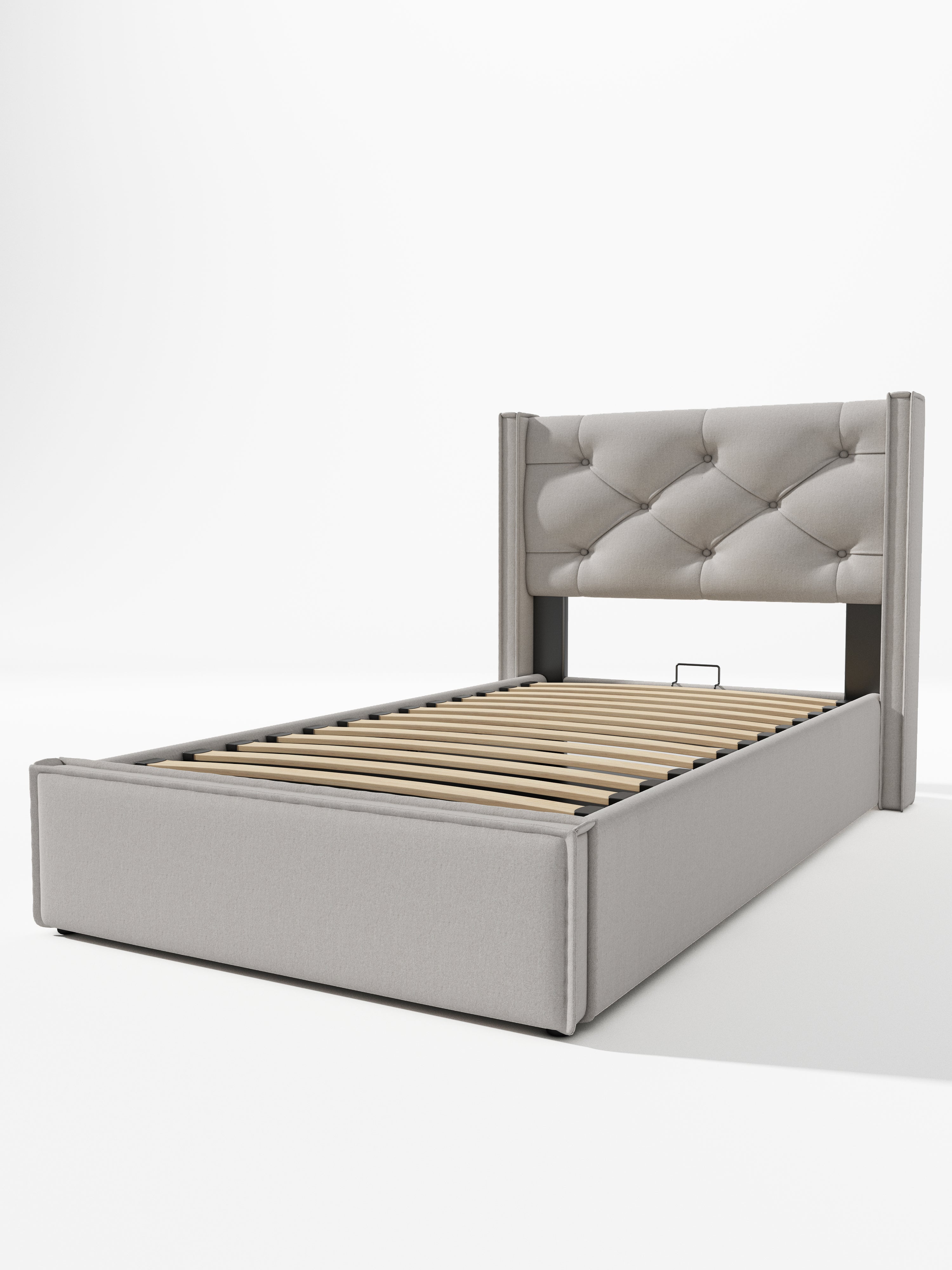 Hydraulic Single Upholstered Bed, 90x200cm, Metal Slatted Frame, Light Gray Cotton