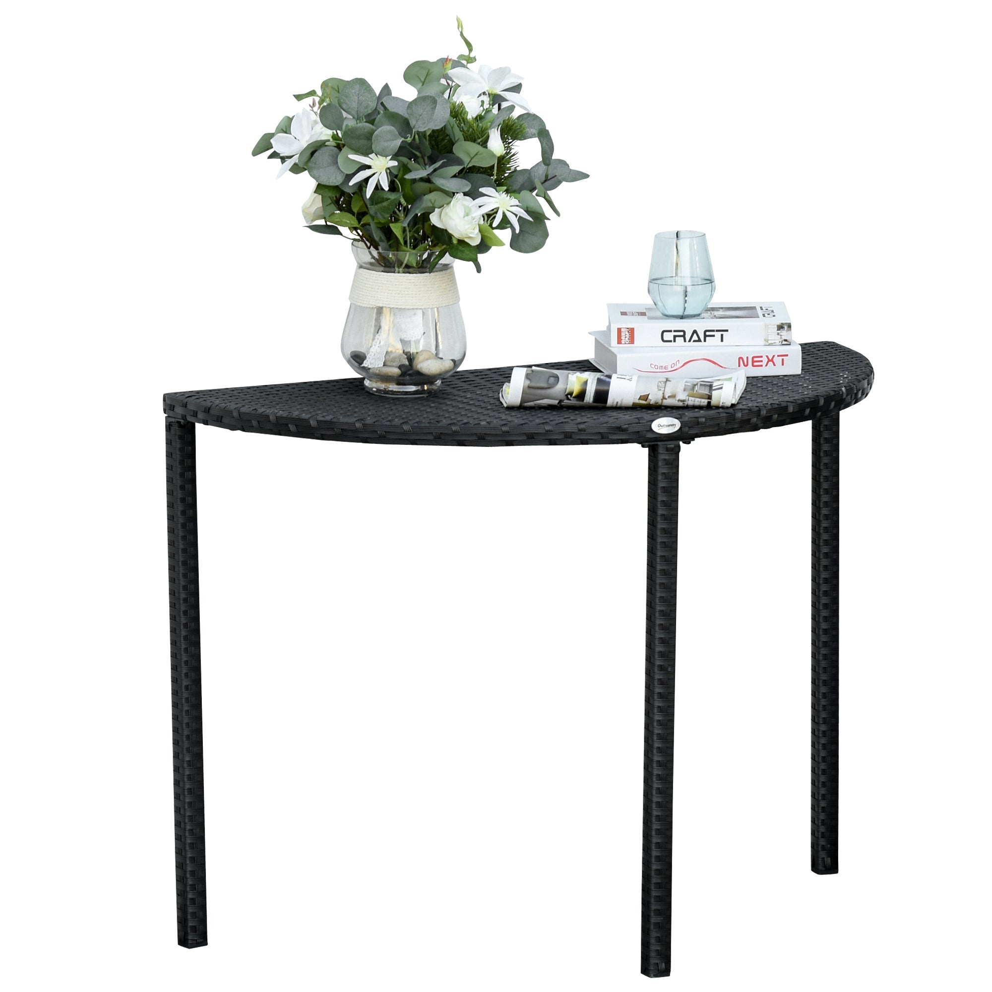 Semi-circular Balcony/Garden Side Table 100x50x74cm Polyrattan and Metal, Black