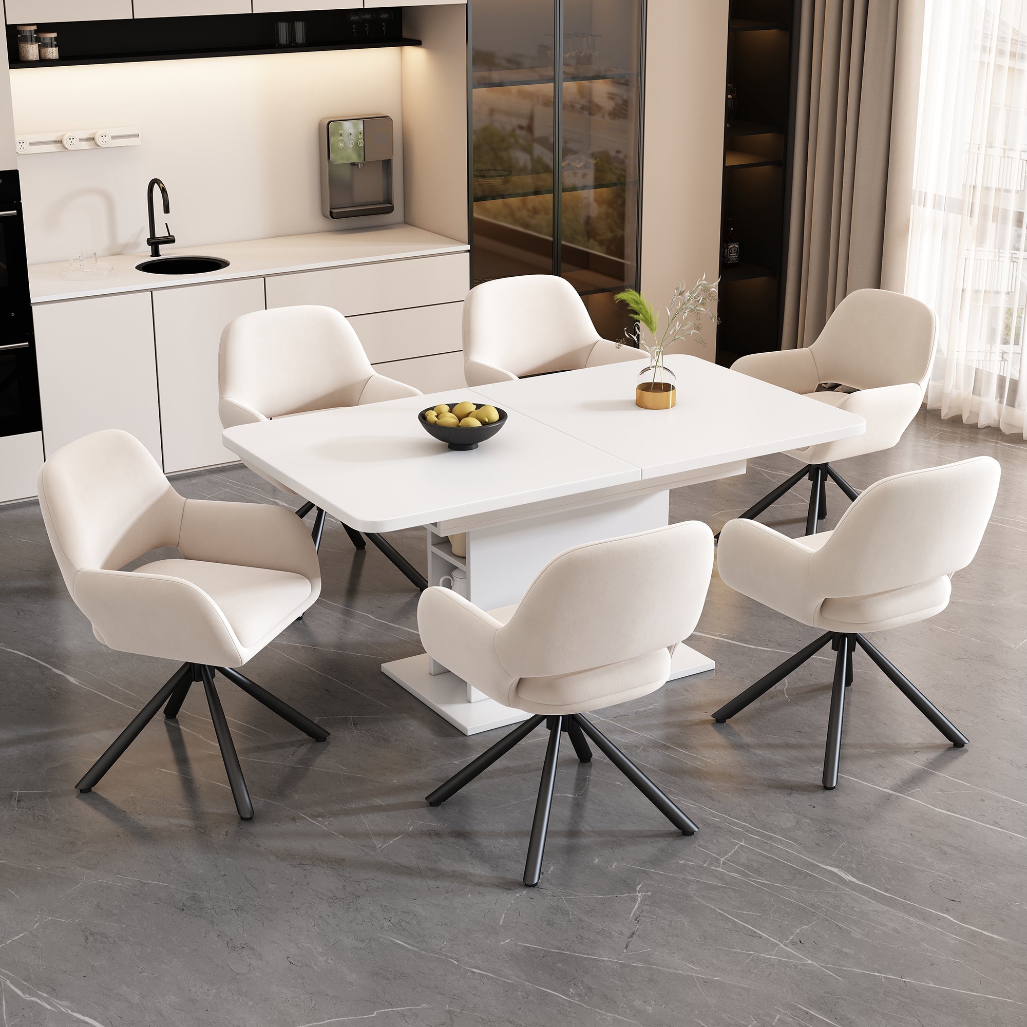 Dining Chair Set of 6 Swivel Modern With Handrails Velvet Beige
