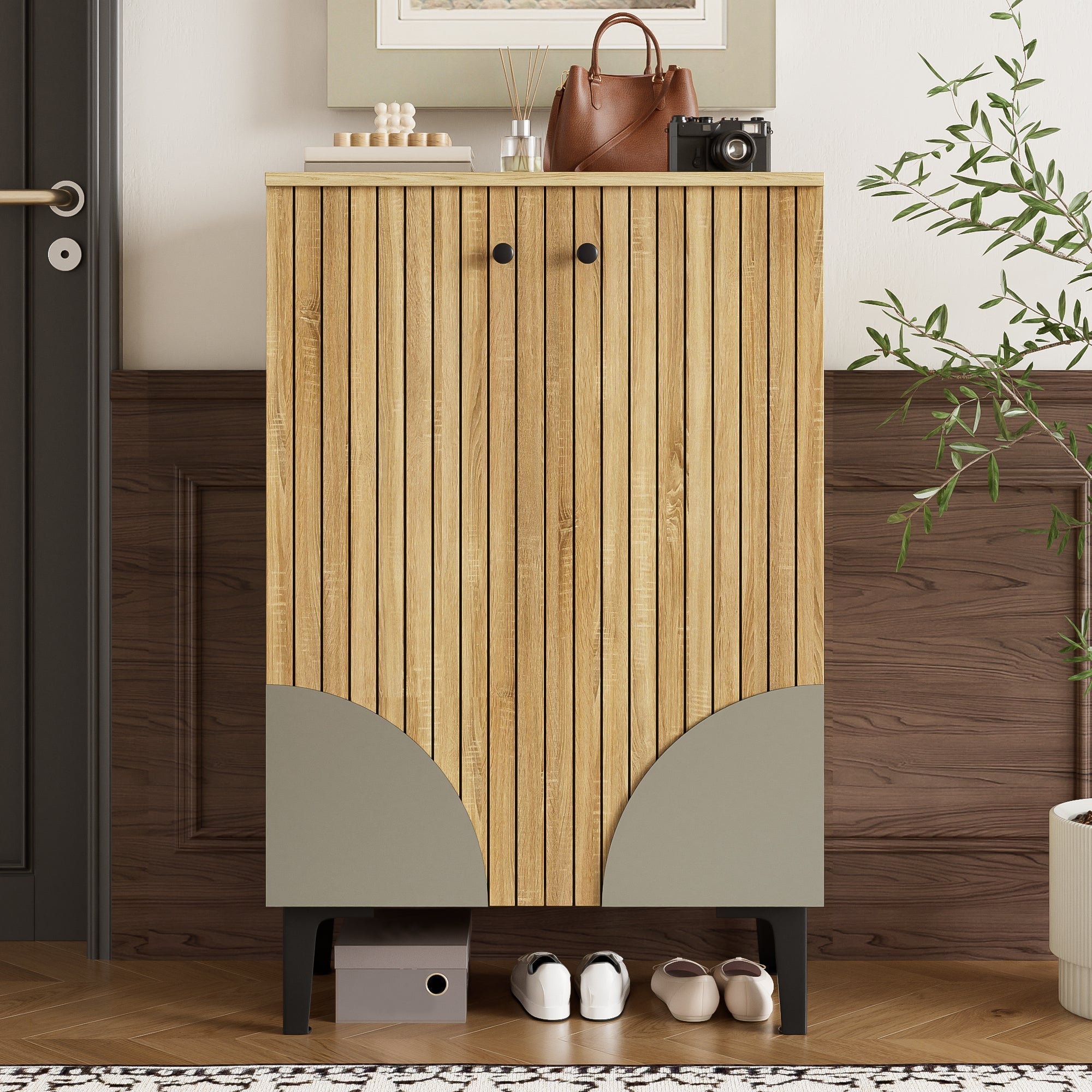 Wooden Shoe Cabinet - Space-Saving Organizer with Shelves & Storage - Black Metal Frame