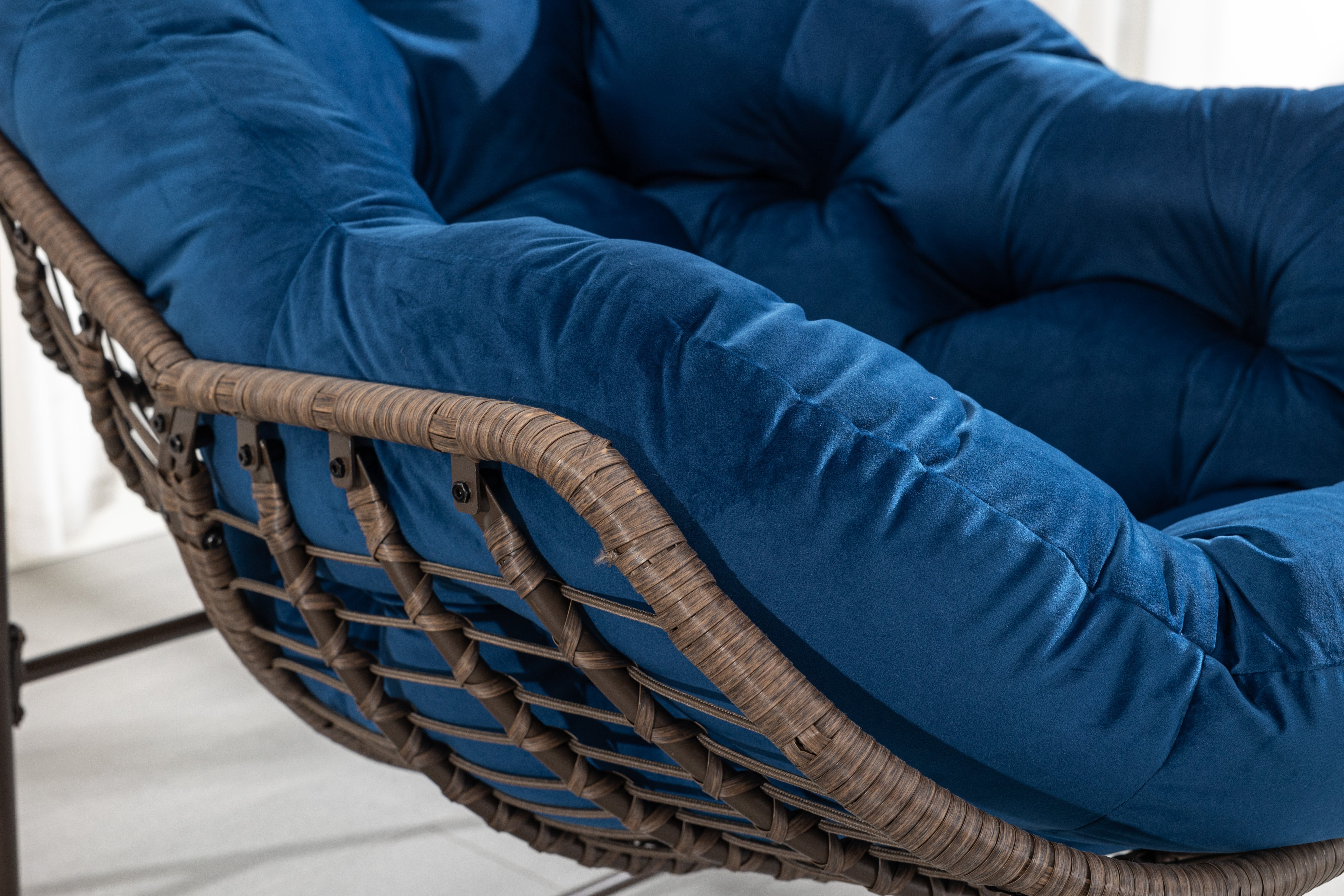 Outdoor Rattan Rocking Chair Padded Cushion Recliner Navy Blue