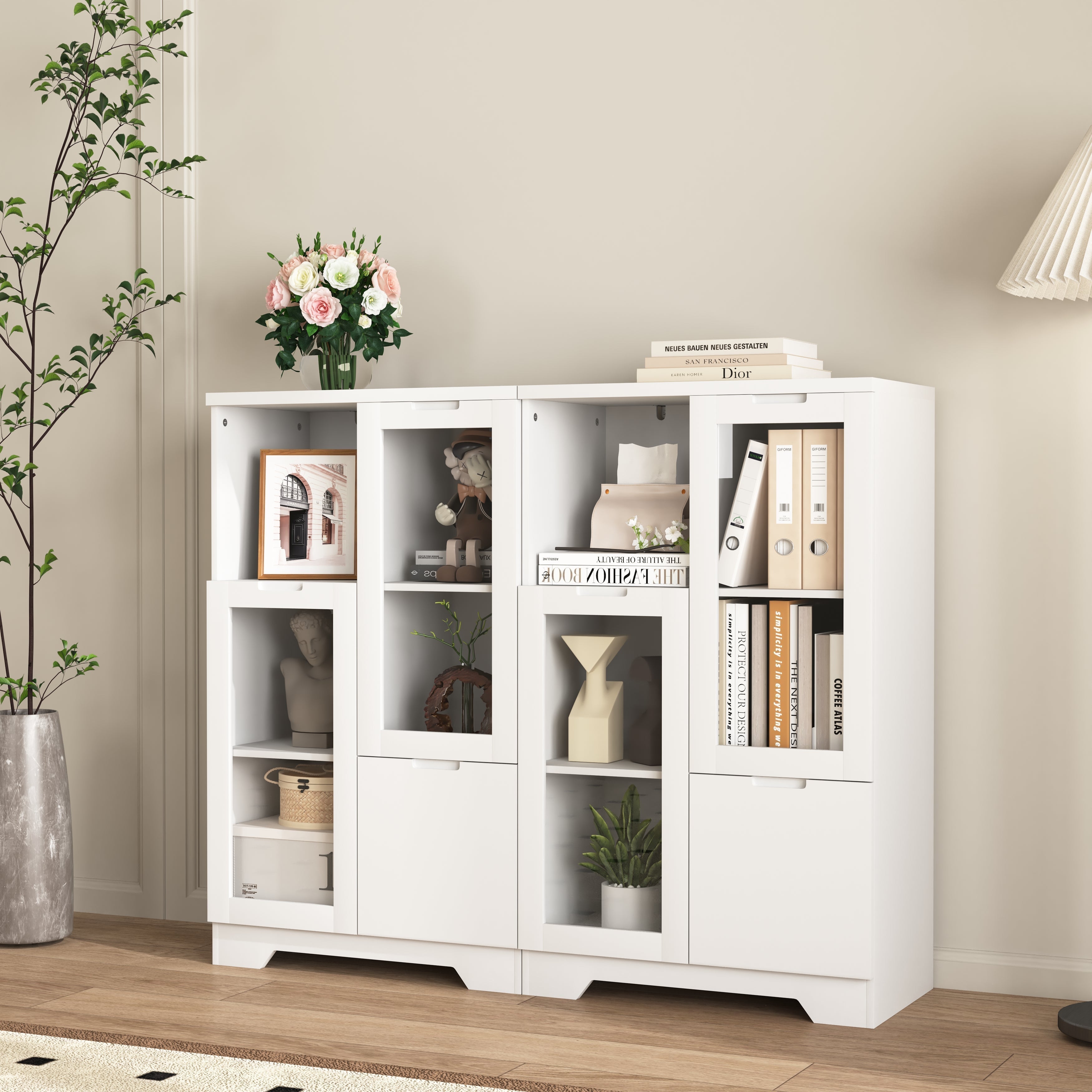 MDF Storage Cabinet with Glass Doors and Drawer, White