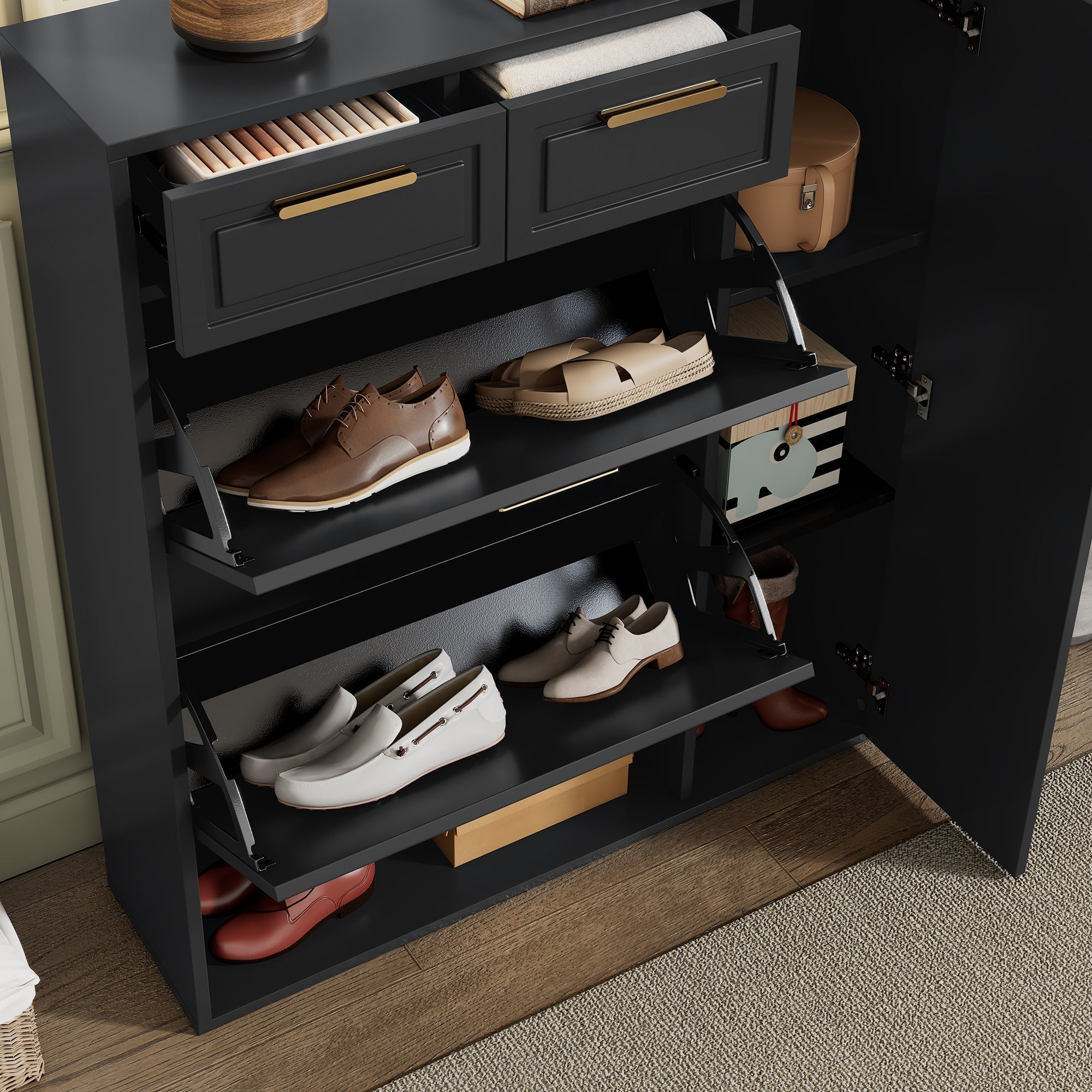 Modern Shoe Cabinet with Adjustable Shelves, Gold Handles, Drawers, Folding Doors, Black