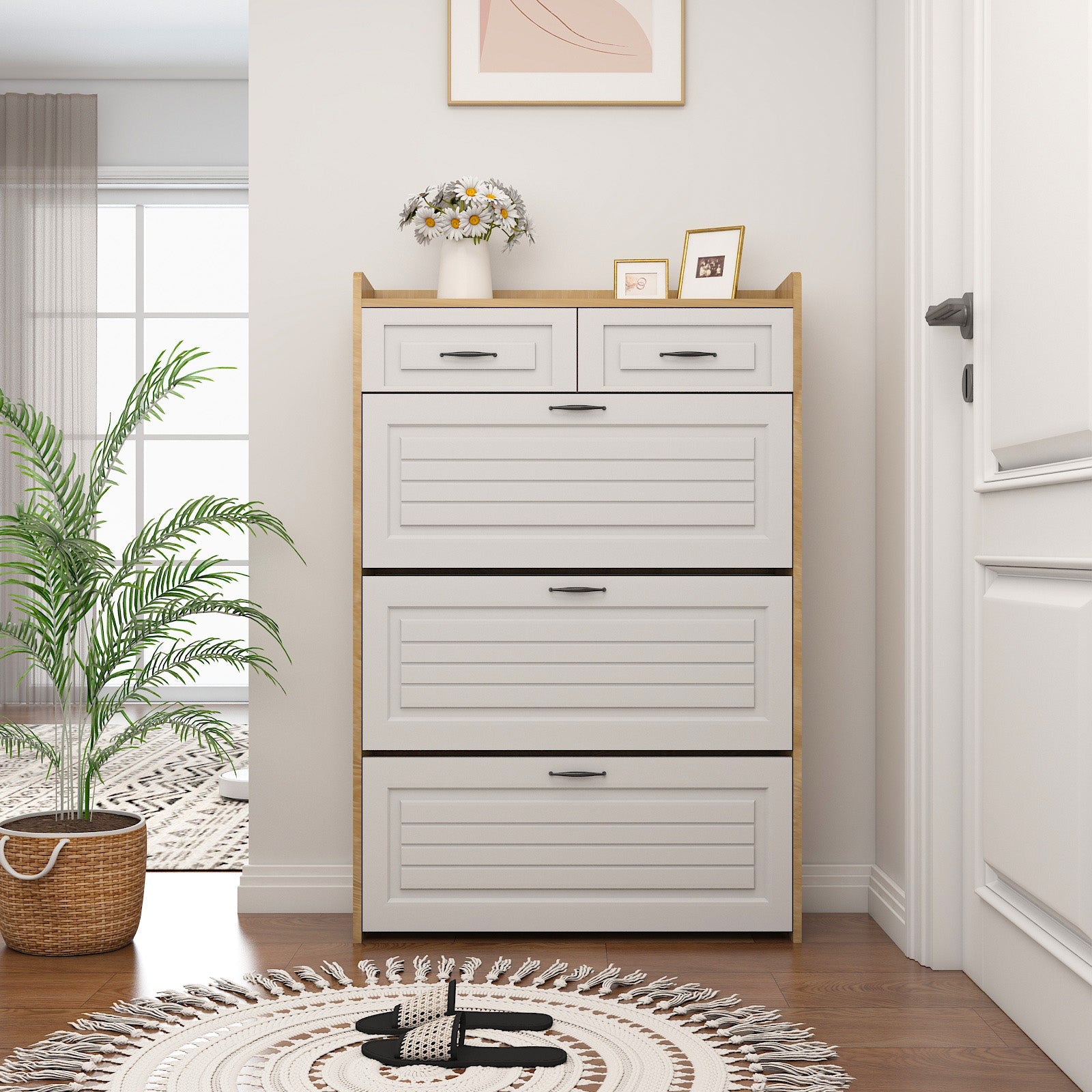 Shoe Cabinet Rotating Shoe Rack with 3 Doors and 2 Drawers Wood