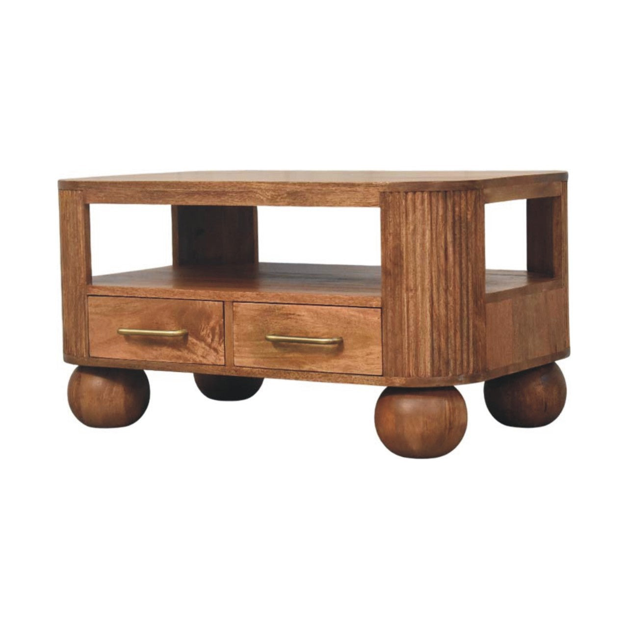 Briarwood Fluted Coffee Table with 2 Drawers, 1 Shelf, Solid Wood Brown