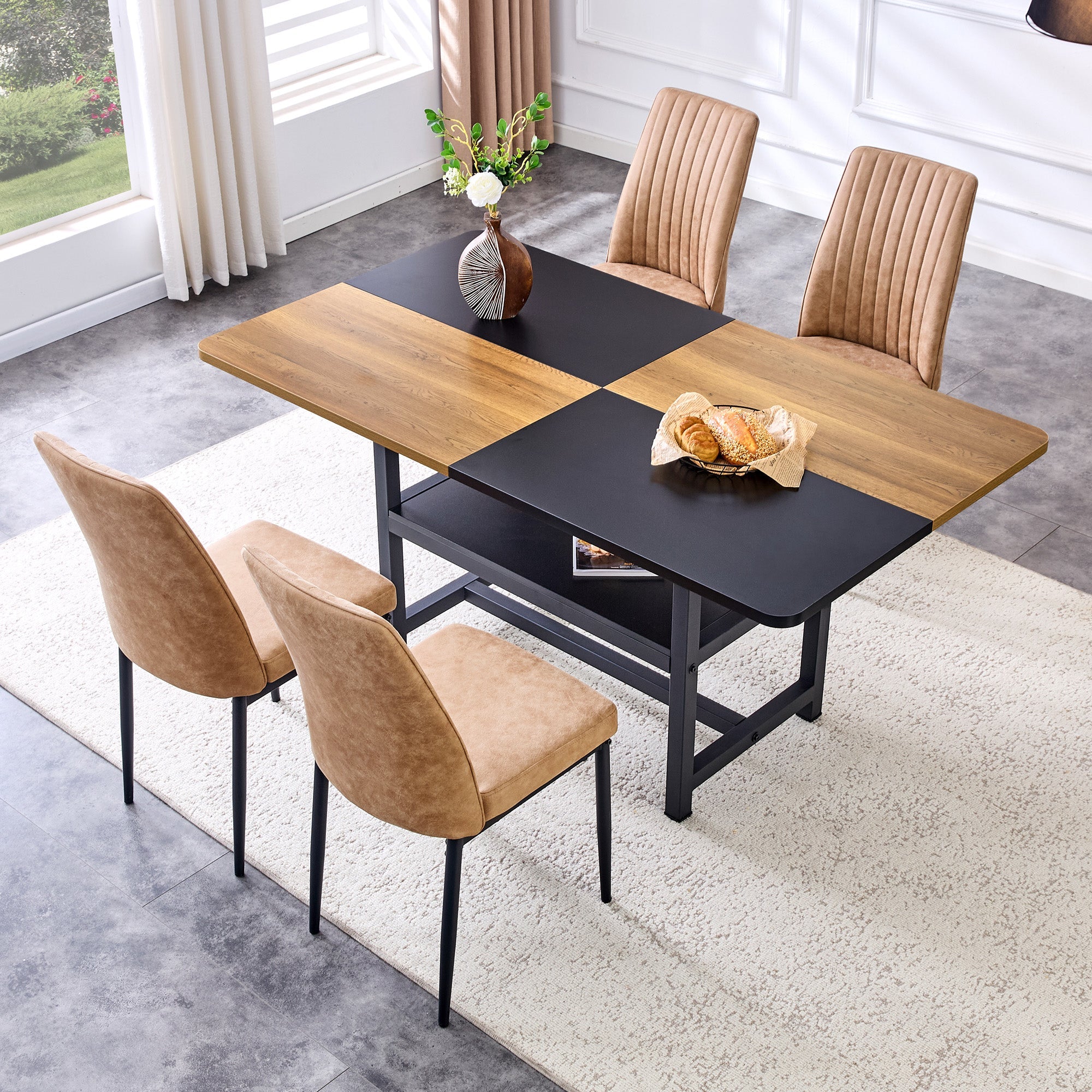 Dining Set Minimalist Glass Table Ø85cm 4 High-Tech Fabric Chairs - Brown