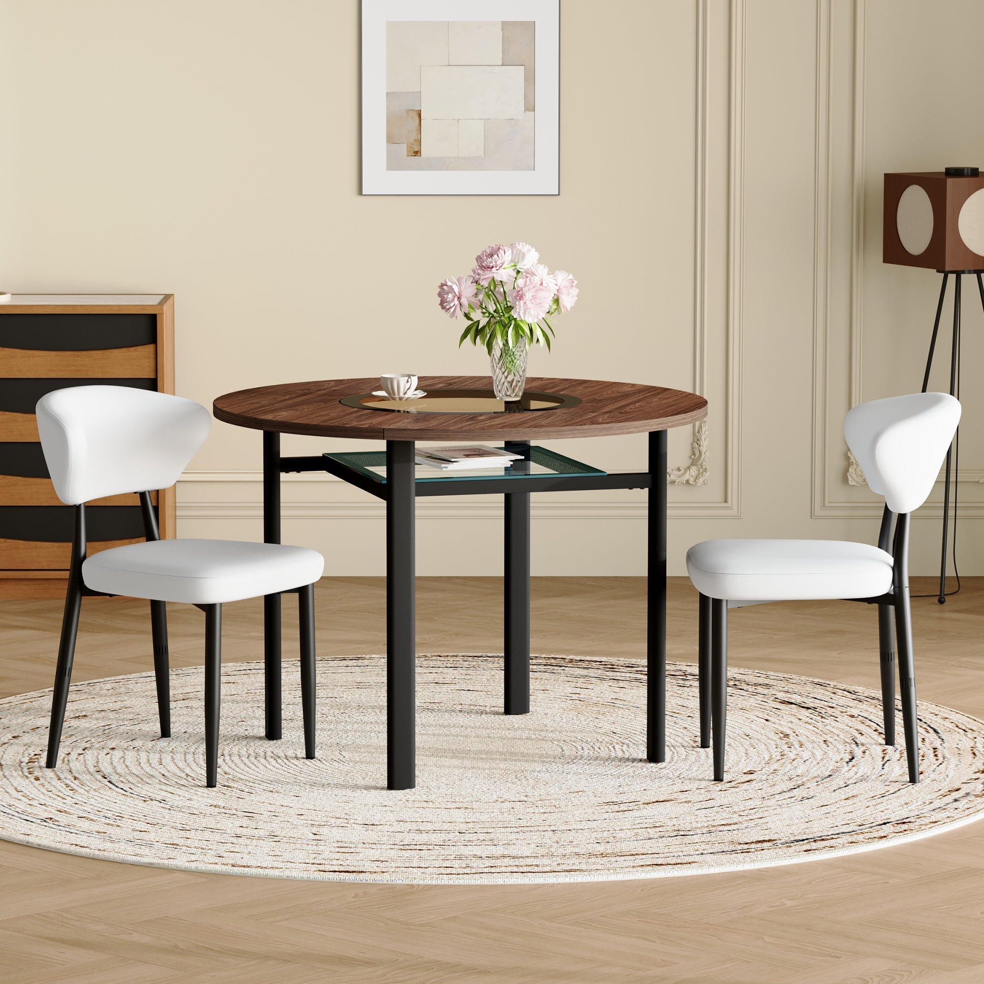 Round Table Set Modern Minimalist 100cm with 2 Armchairs - White PU/Wood Look